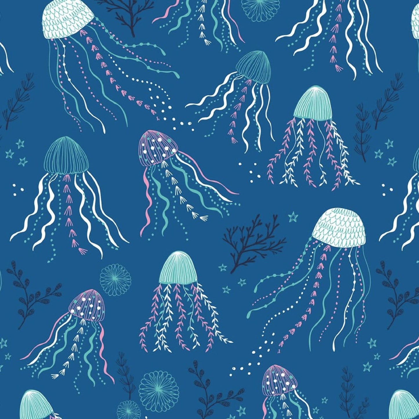 Jellyfish Into the Blue Bethan Janine Dashwood Studio Quilters Cotton BLUE 1625 Fabric Fetish