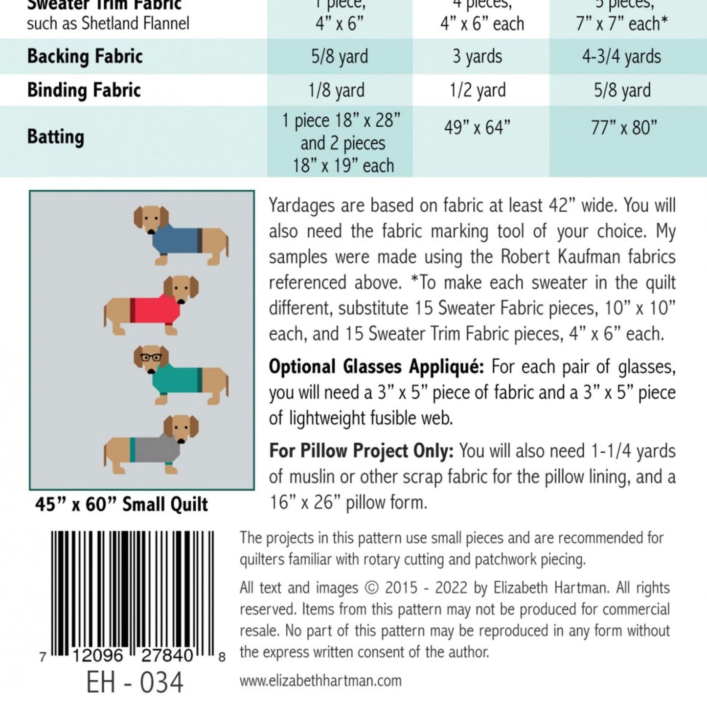 Dogs in Sweaters Quilt and Pillow Pattern - Elizabeth Hartman - 2 Sizes