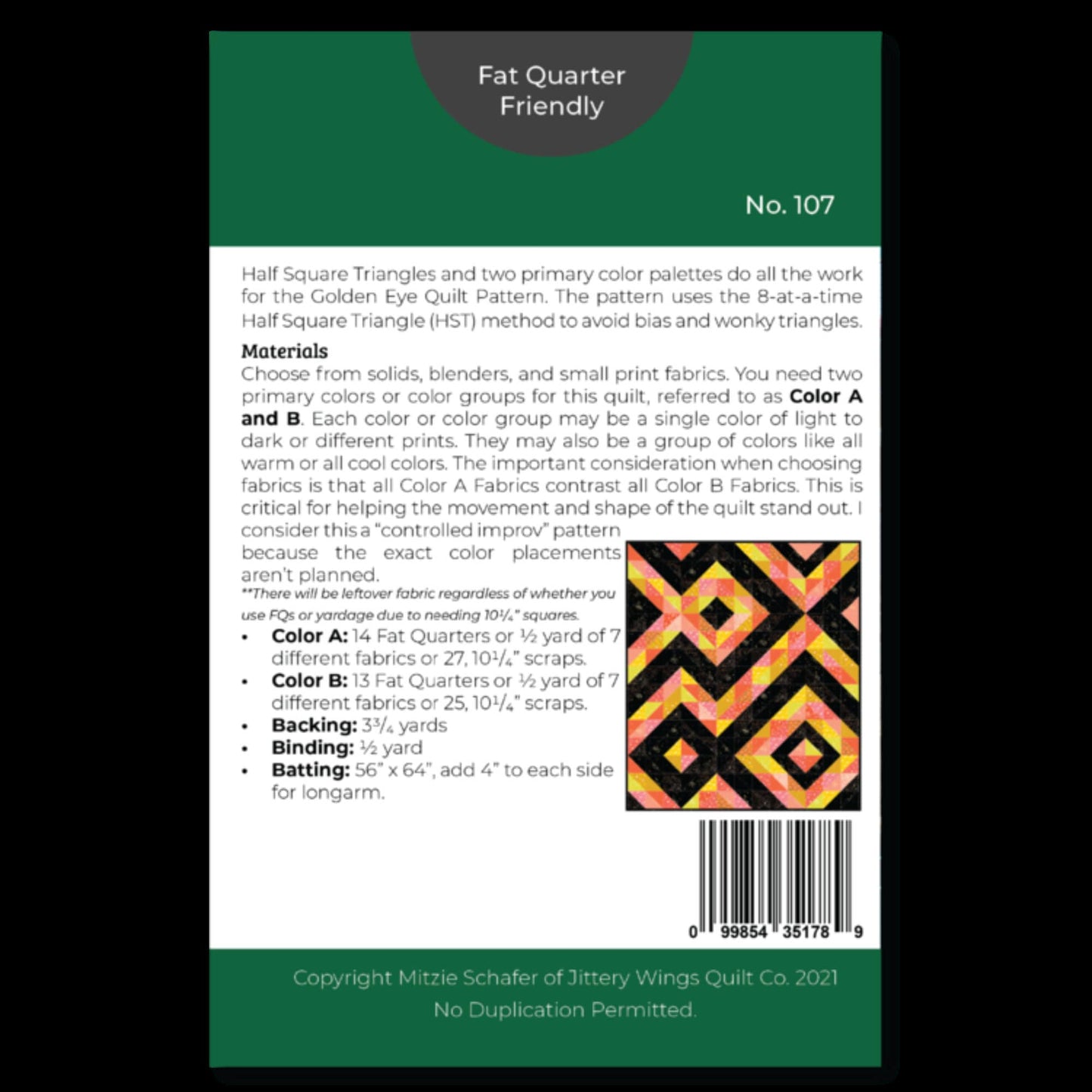 Golden Eye Quilt Pattern - Mitzie Schafer for Jittery Wings Quilt Co - Fat Quarter Friendly