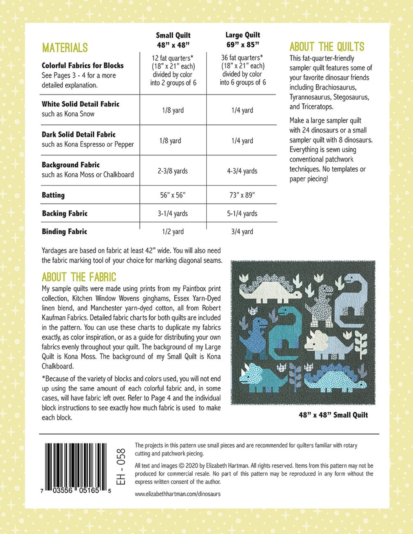 Dinosaurs Quilt Pattern - Elizabeth Hartman - 2 Sizes EH-058