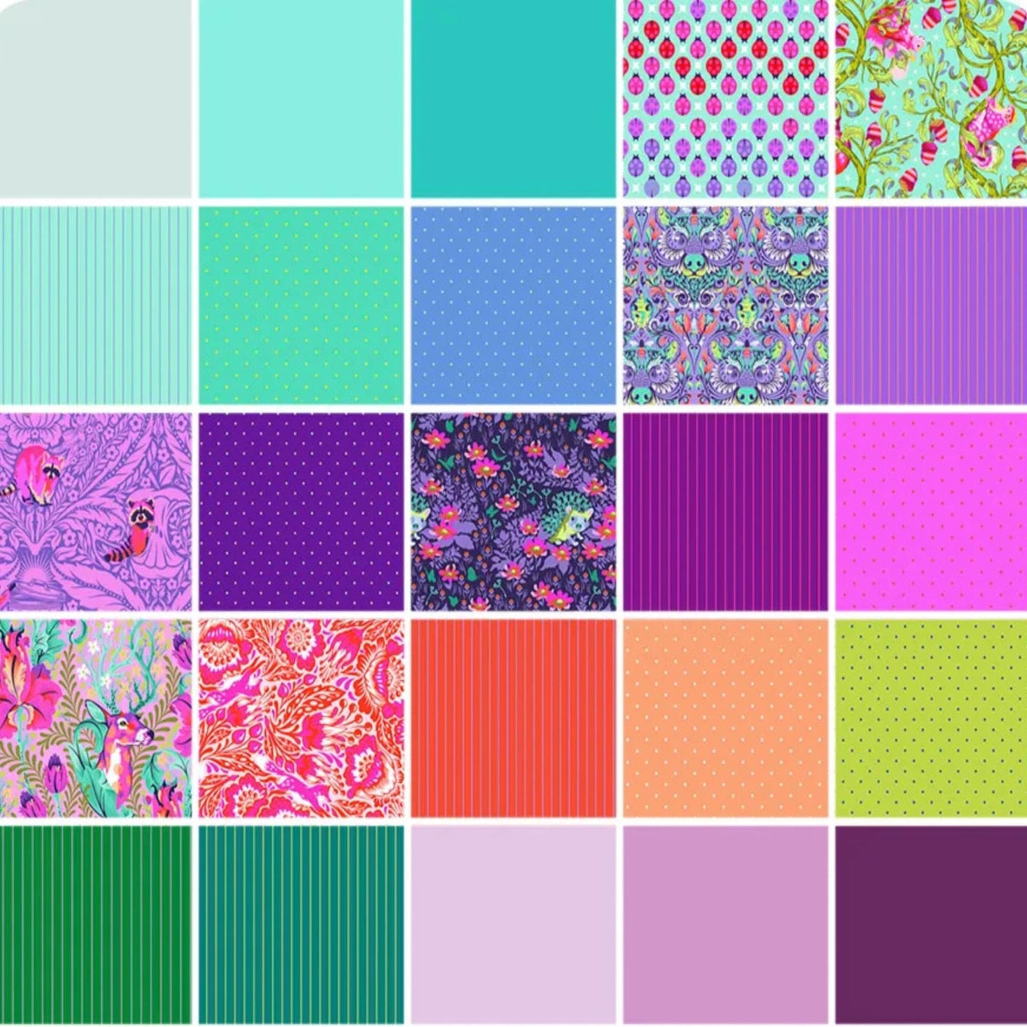 Glimmery Tula Tiny Beasts and Solid Mini Design Roll Bag - 63 pcs/3 Rolls  Tula Pink for FreeSpirit Fabrics