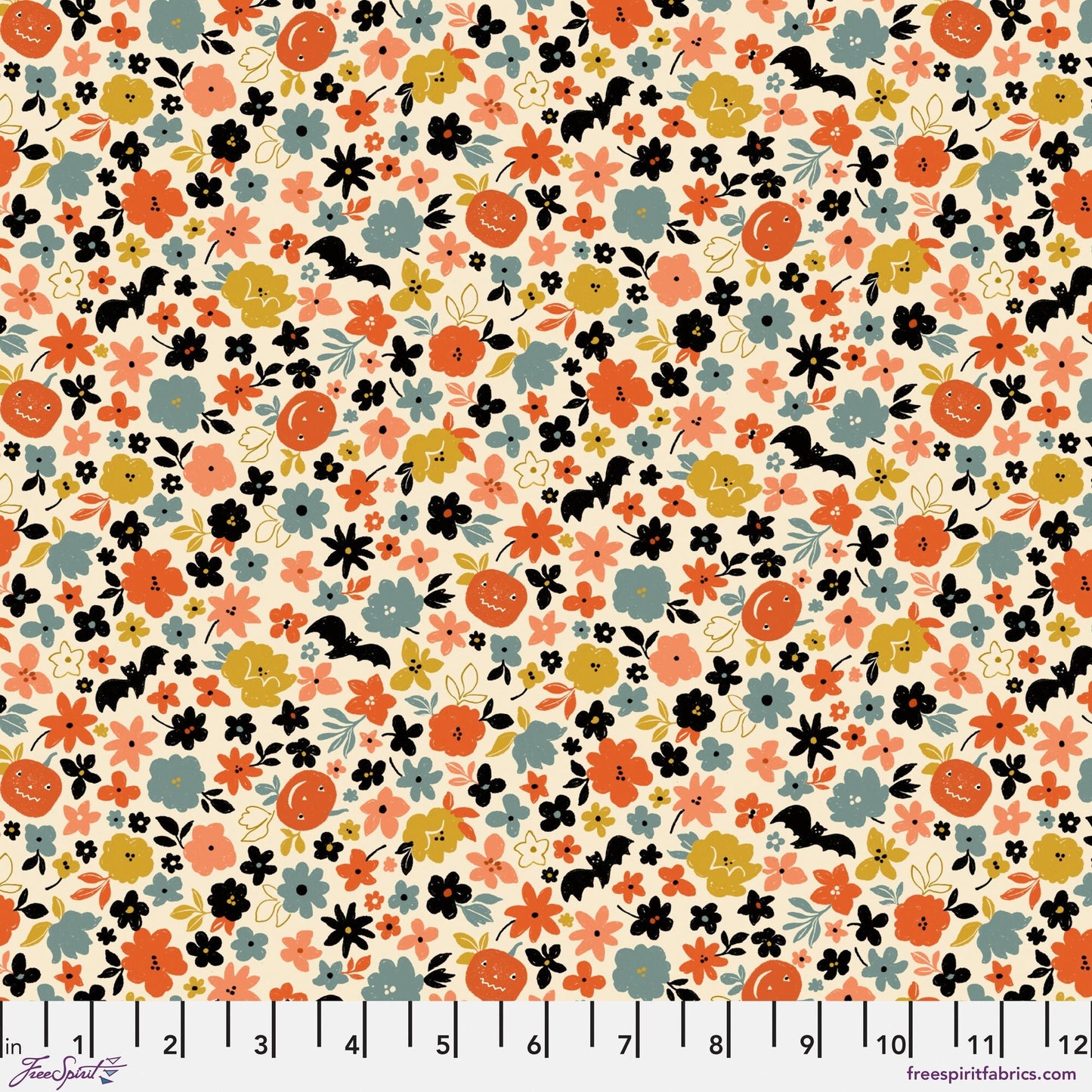Pumpkin Patch and Bats Cream Haunted Brenda Walton Freespirit Fabrics 100% Quilters Cotton Fabric Fetish