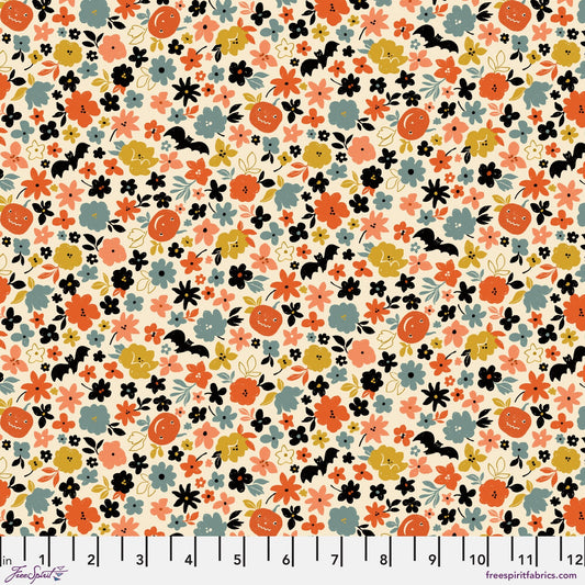Pumpkin Patch and Bats Cream Haunted Brenda Walton Freespirit Fabrics 100% Quilters Cotton Fabric Fetish