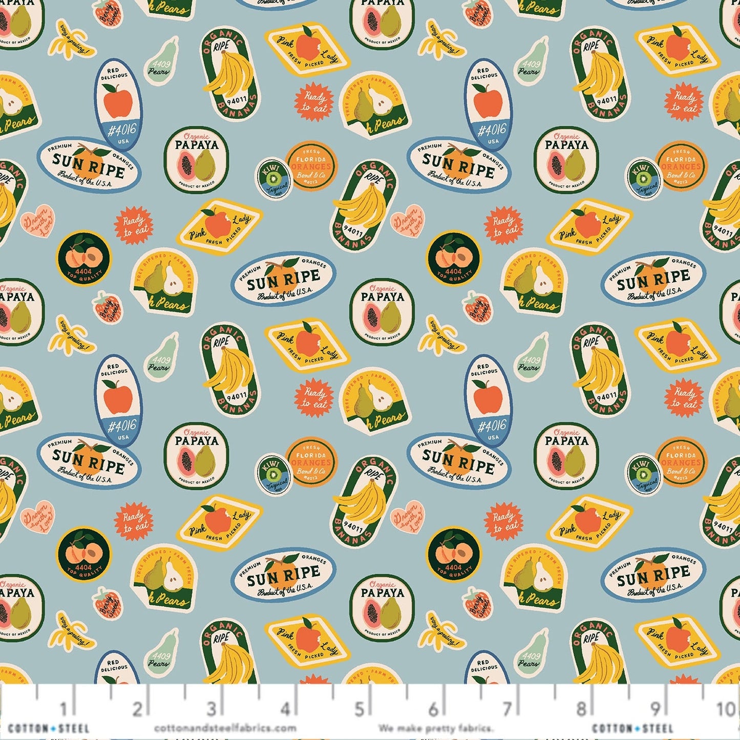 Fruit Stickers Light Blue Orchard Anna Bond Rifle Paper Co Cotton + Steel 100% Quilters Cotton Fabric Fetish