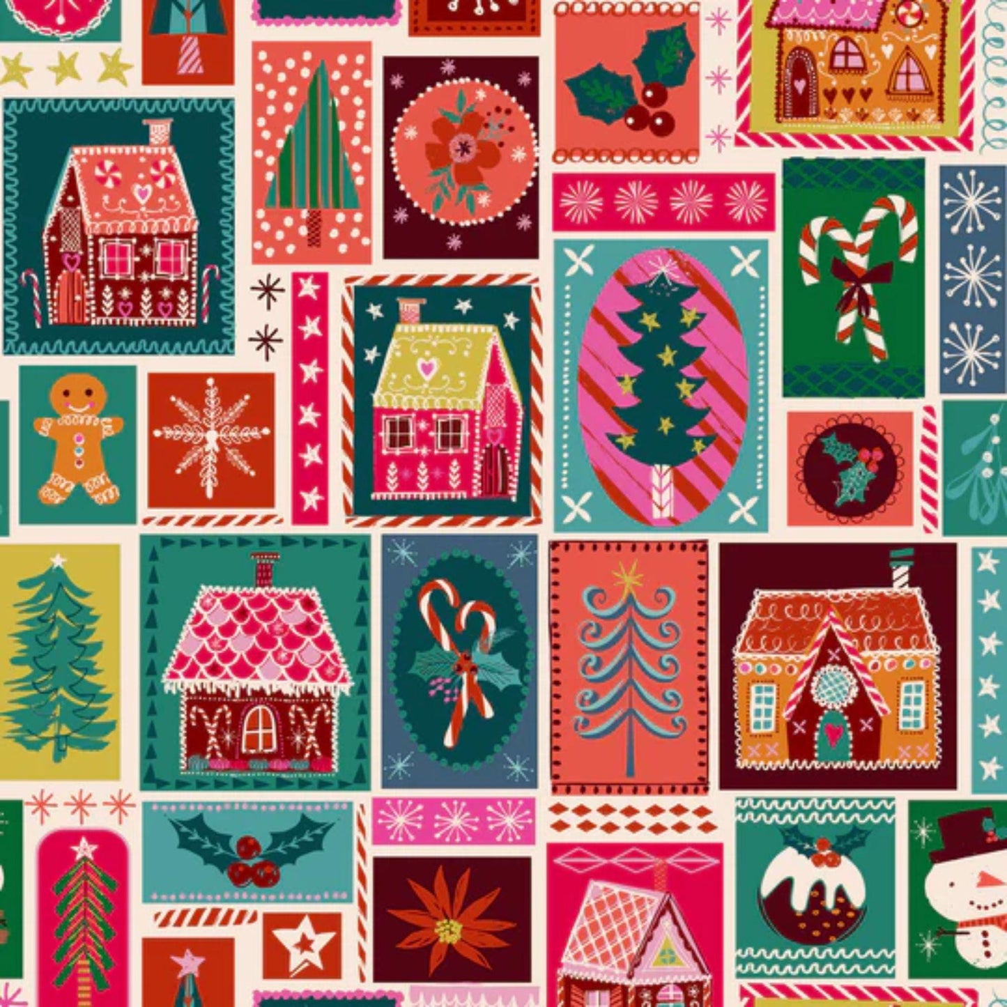 Patchwork Gingerbread Houses Candy Cane Christmas Helen Black Dashwood Studio Quilters Cotton Fabric Fetish