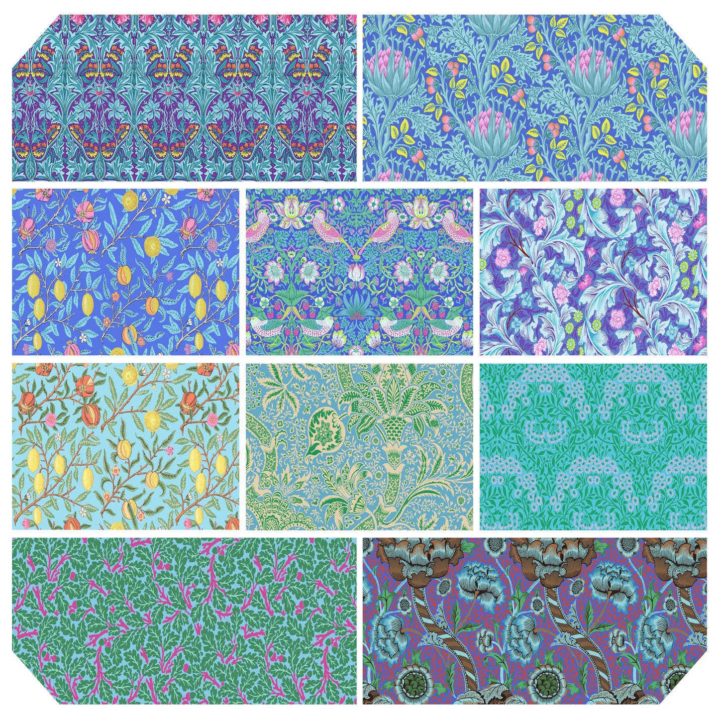Blues Fat Quarter Bundle 10pc - Kaffe Fassett X Morris & Co - FB4FQKW.BLUES - FreeSpirit Fabrics