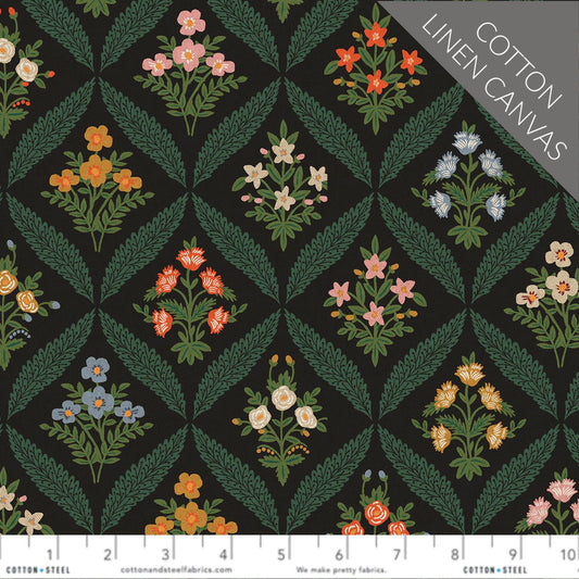 Estee Garden Black Cotton/Linen CANVAS Dahlia Anna Bond Rifle Paper Co Cotton + Steel Fabric Fetish