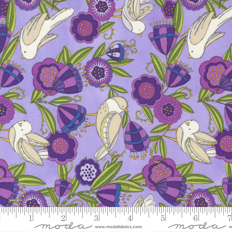 Pansy's Posies - Birdies in the Posies Lavender - Robin Pickens- Moda 100% Quilter's Cotton