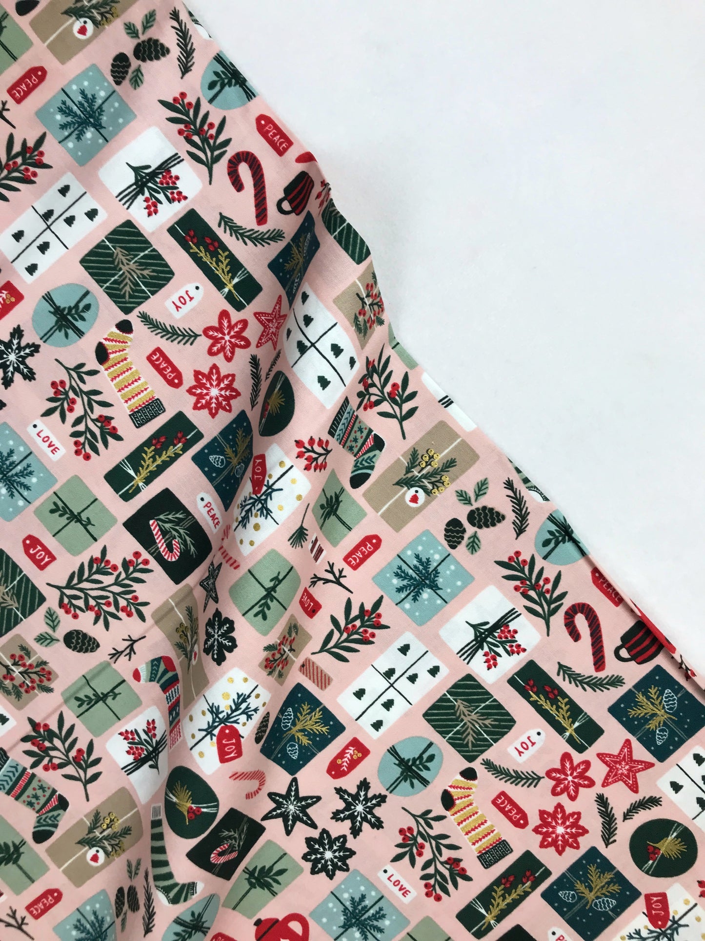 rjr fabrics yuan xu merry memories opening presents blush pink gold metallic Fabric Fetish