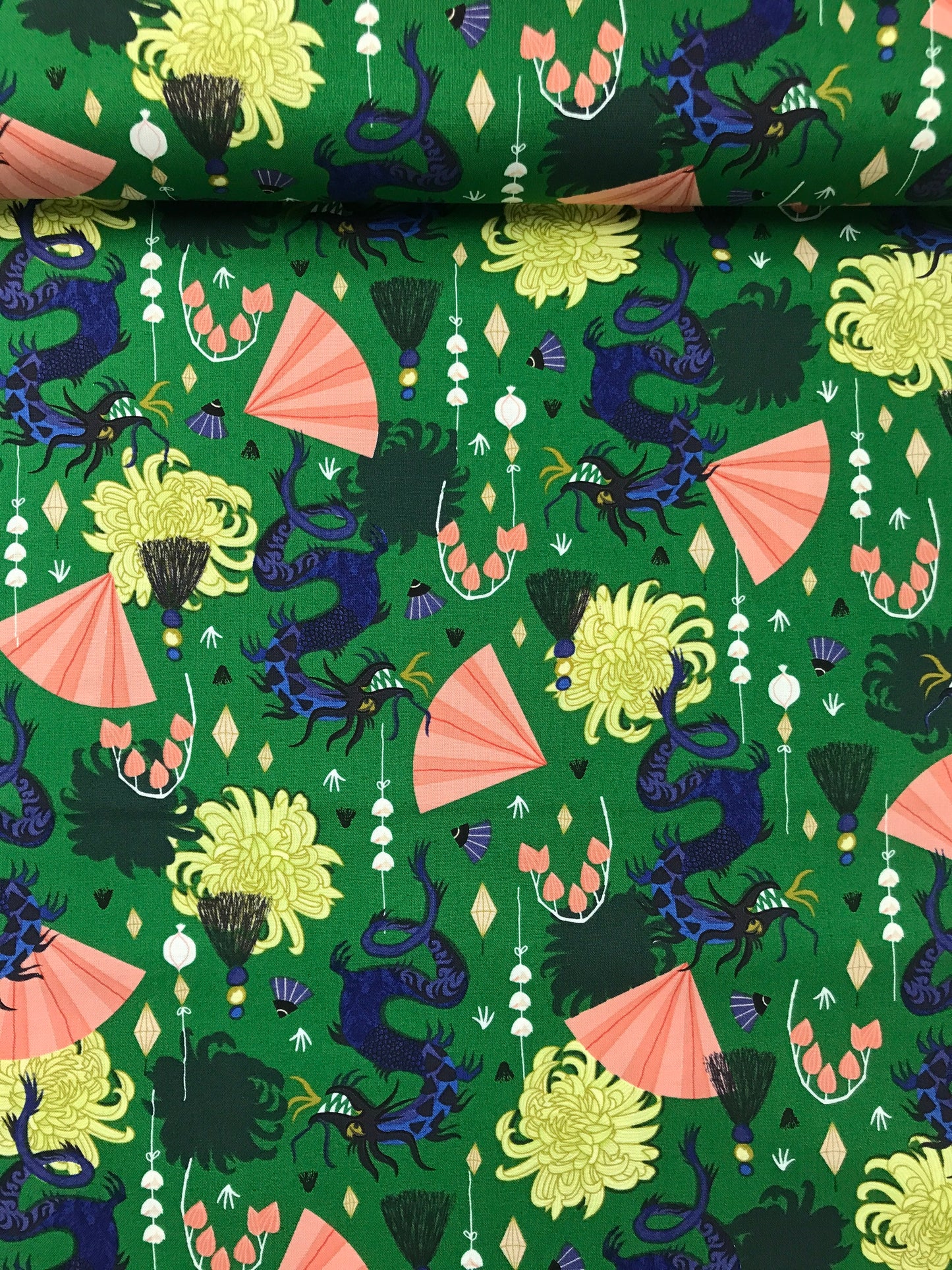 kate merritt cloud 9 organics dragons lanterns fierce green quilters cotton Fabric Fetish