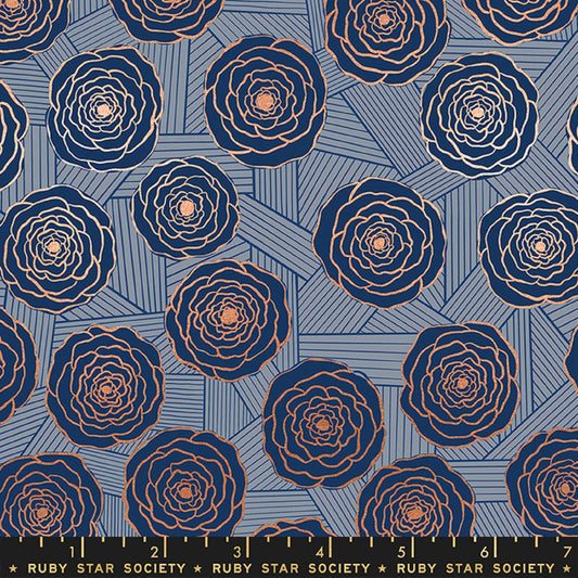 Bunch Of Roses Navy Copper METALLIC Floradora Jen Hewett Ruby Star Society Fabric Moda 100% Quilters Cotton Fabric Fetish