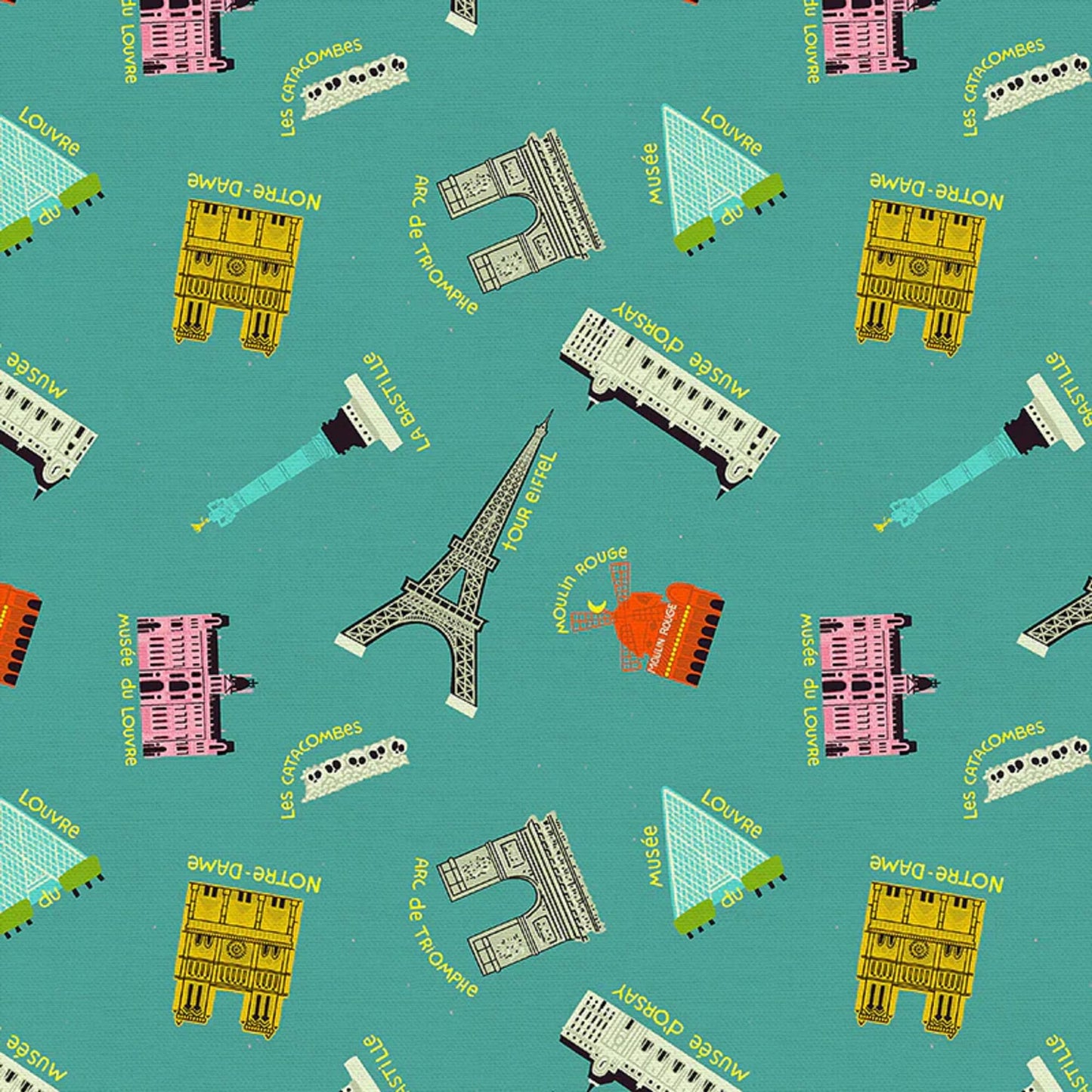 Paris Monuments Teal Le Mini Golf Lysa Flower Paintbrush Studio Fabric 100% Quilters Cotton Fabric Fetish