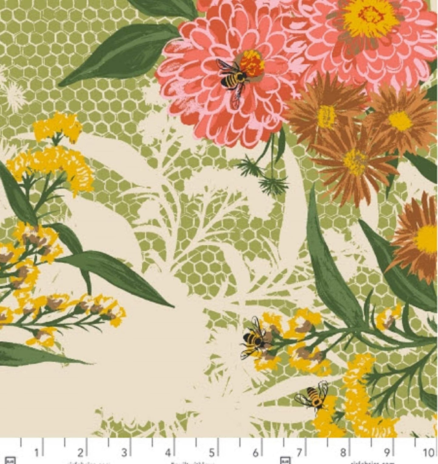 Bee Bouquet Summer Green Honeybee Garden Elizabeth Halpern RJR Fabrics Quilters Cotton Fabric Fetish