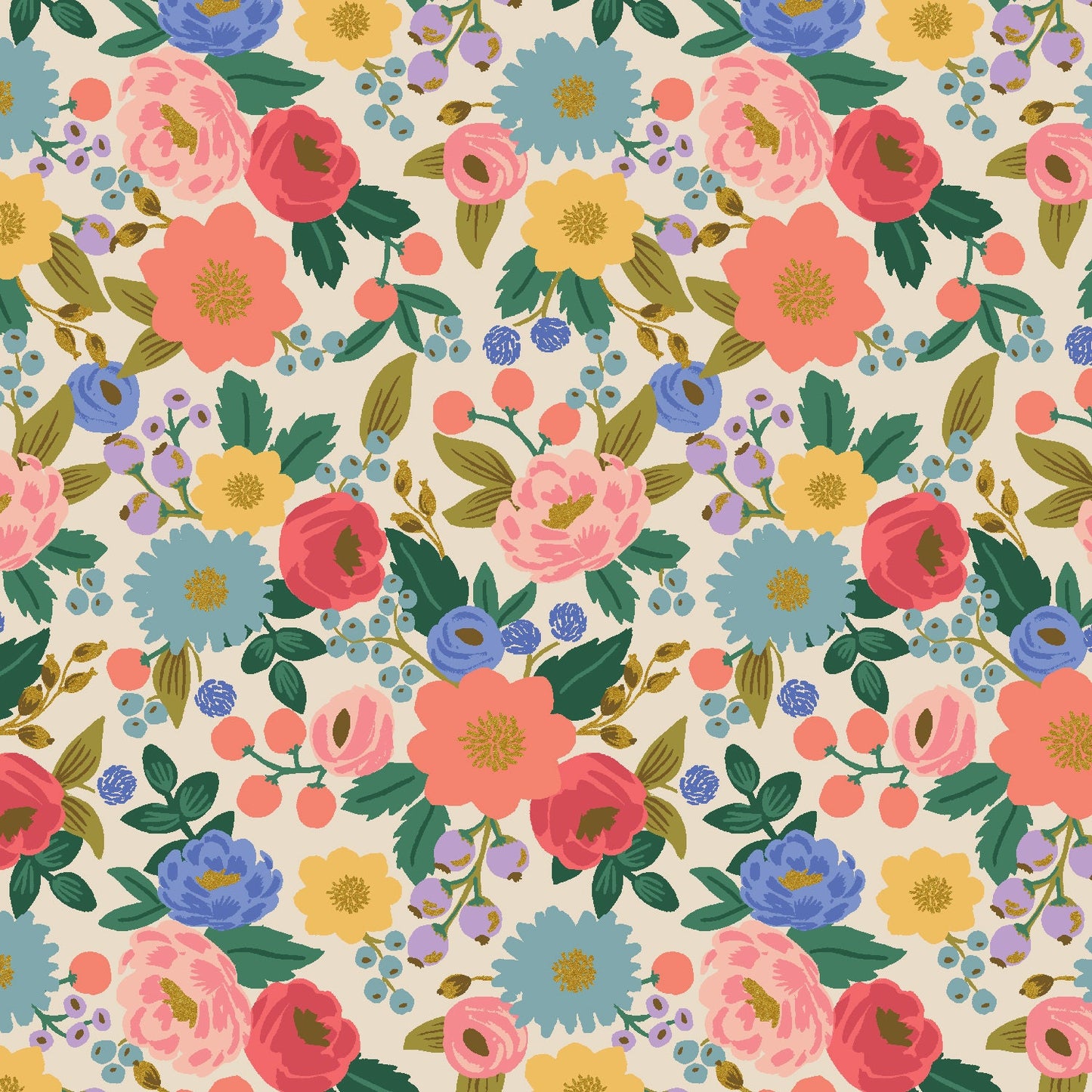 Vintage Blossom Cream METALLIC Vintage Garden Anna Bond Rifle Paper Co Cotton + Steel 100% Quilters Cotton Fabric Fetish