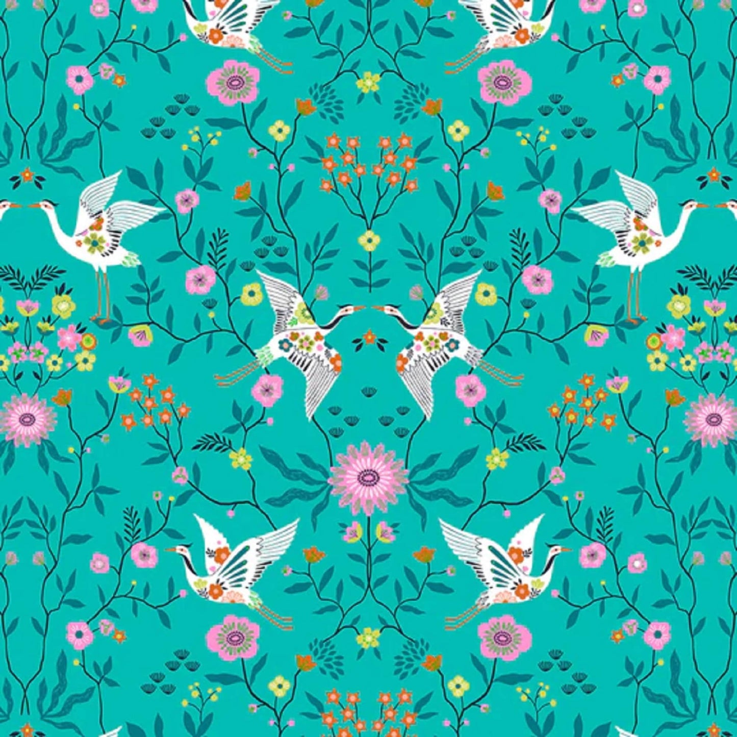 Mirrored Cranes Turquoise Blossom Days Bethan Janine Dashwood Studio Quilters Cotton Fabric Fetish