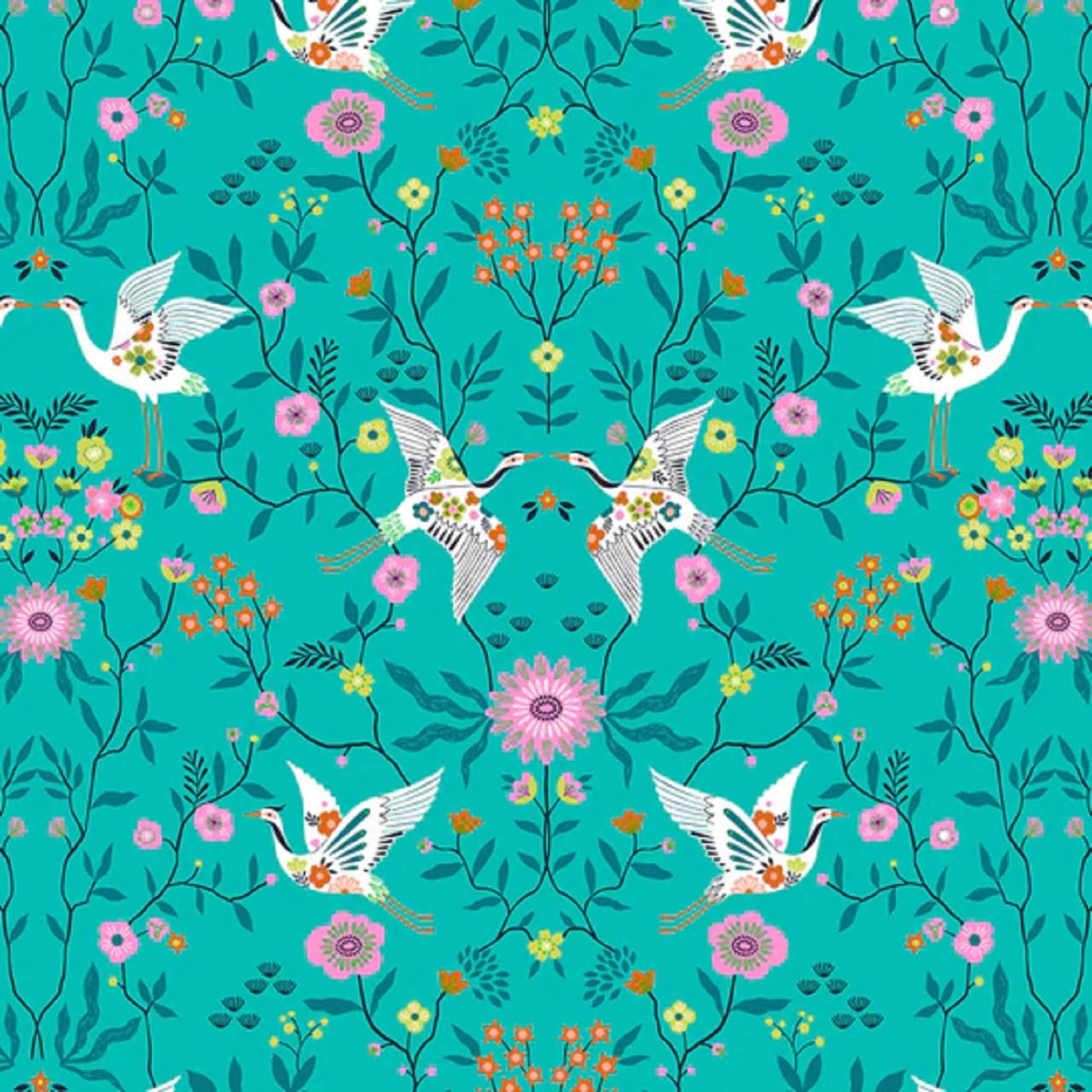 Mirrored Cranes Turquoise Blossom Days Bethan Janine Dashwood Studio Quilters Cotton Fabric Fetish
