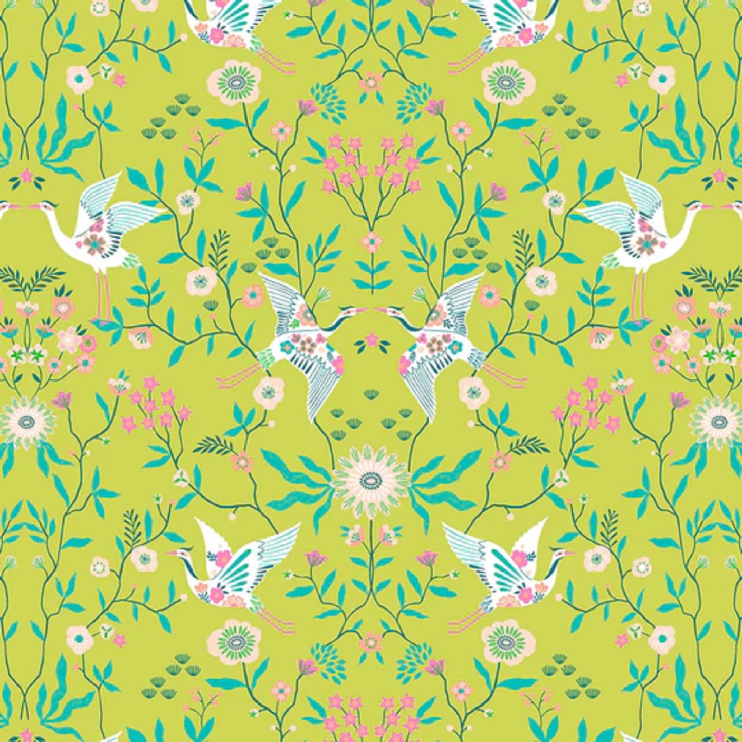 Mirrored Cranes Lime Blossom Days Bethan Janine Dashwood Studio Quilters Cotton Fabric Fetish