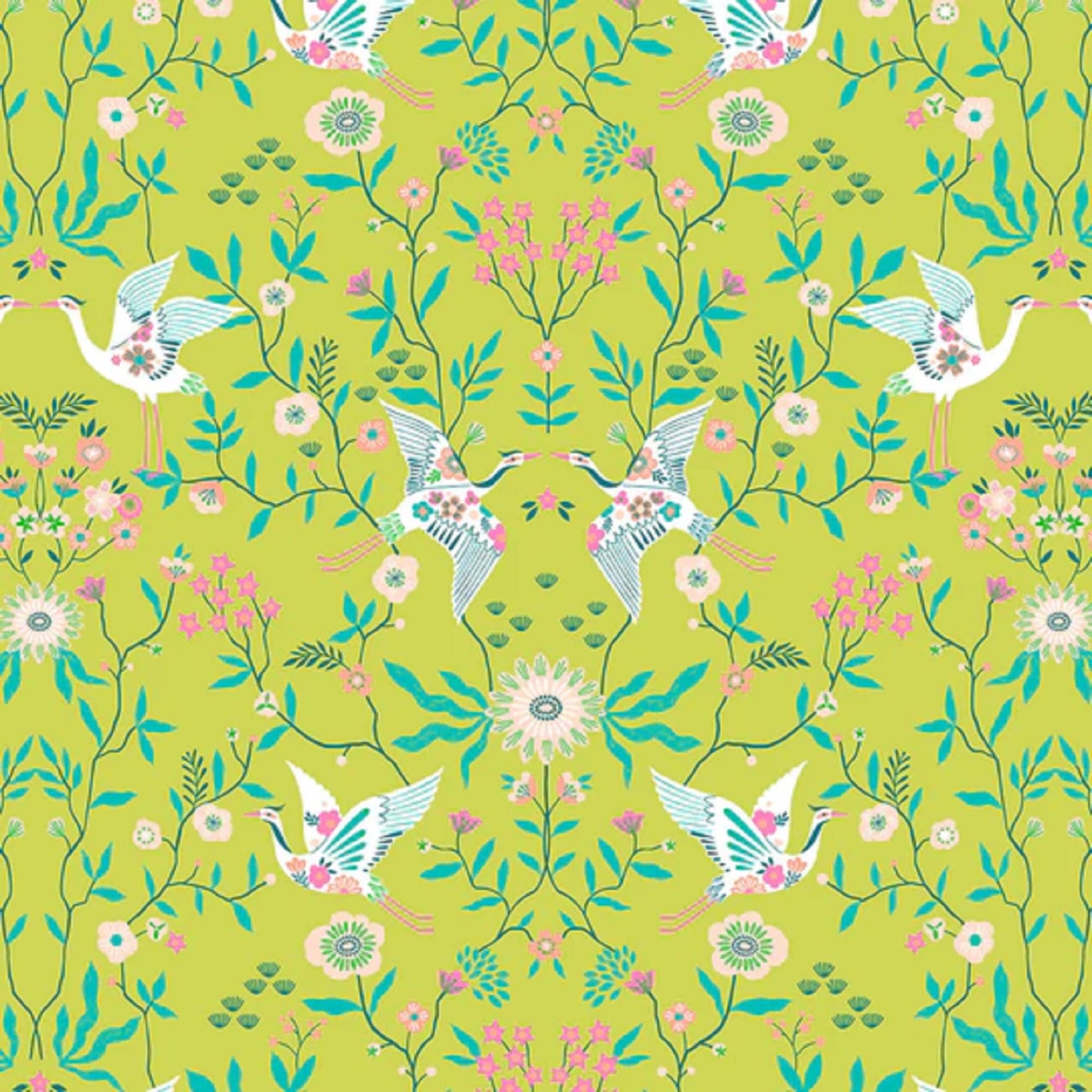 Mirrored Cranes Lime Blossom Days Bethan Janine Dashwood Studio Quilters Cotton Fabric Fetish