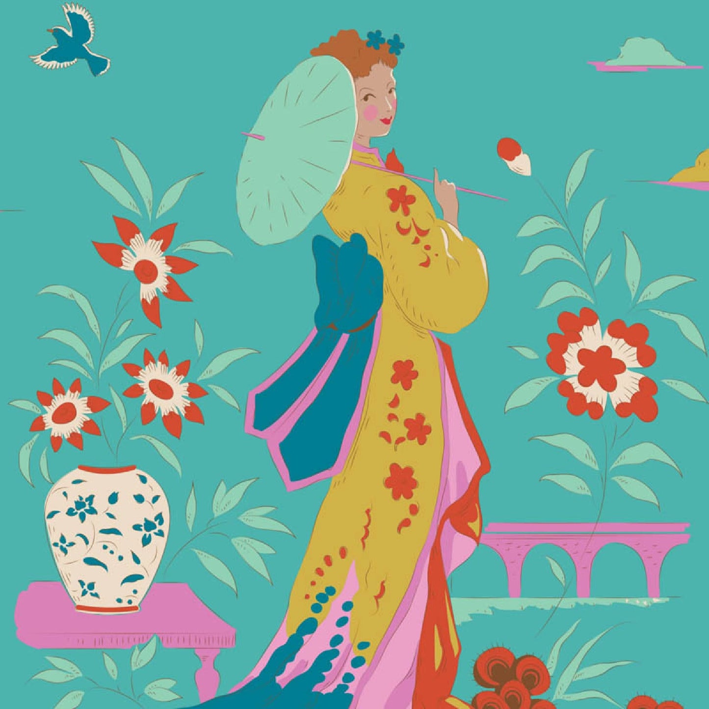 Garden Vista Turquoise Bloomsville Tilda Fabric Tone Finnanger 100% Quilters Cotton Fabric Fetish