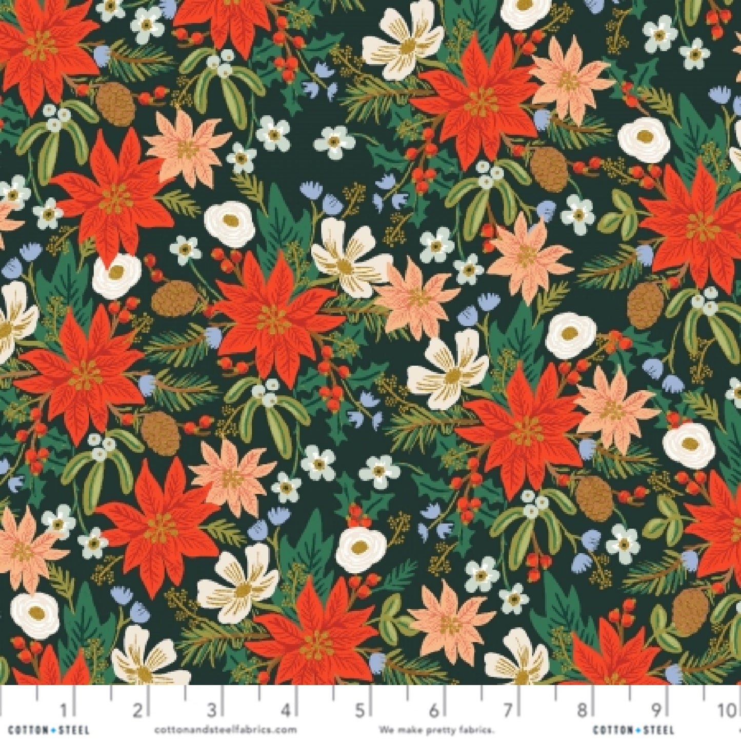 Poinsettia Bouquet Evergreen METALLIC RP602 EV1M Holiday Classics ll Anna Bond Rifle Paper Co Basics Cotton + Steel Fabric Fetish