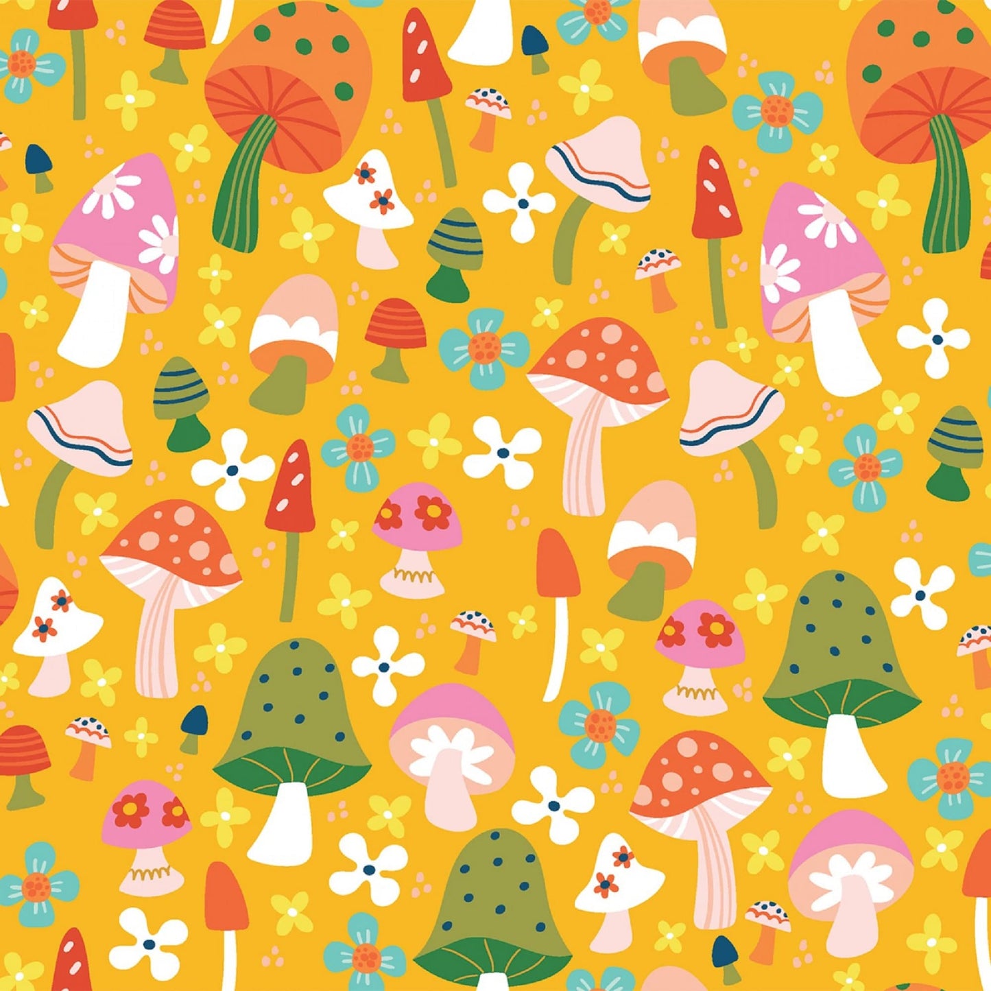 Mushroom Field Gold Susie Sunshine Amanda McGee 3 Wishes Fabric 100% Quilters Cotton Fabric Fetish
