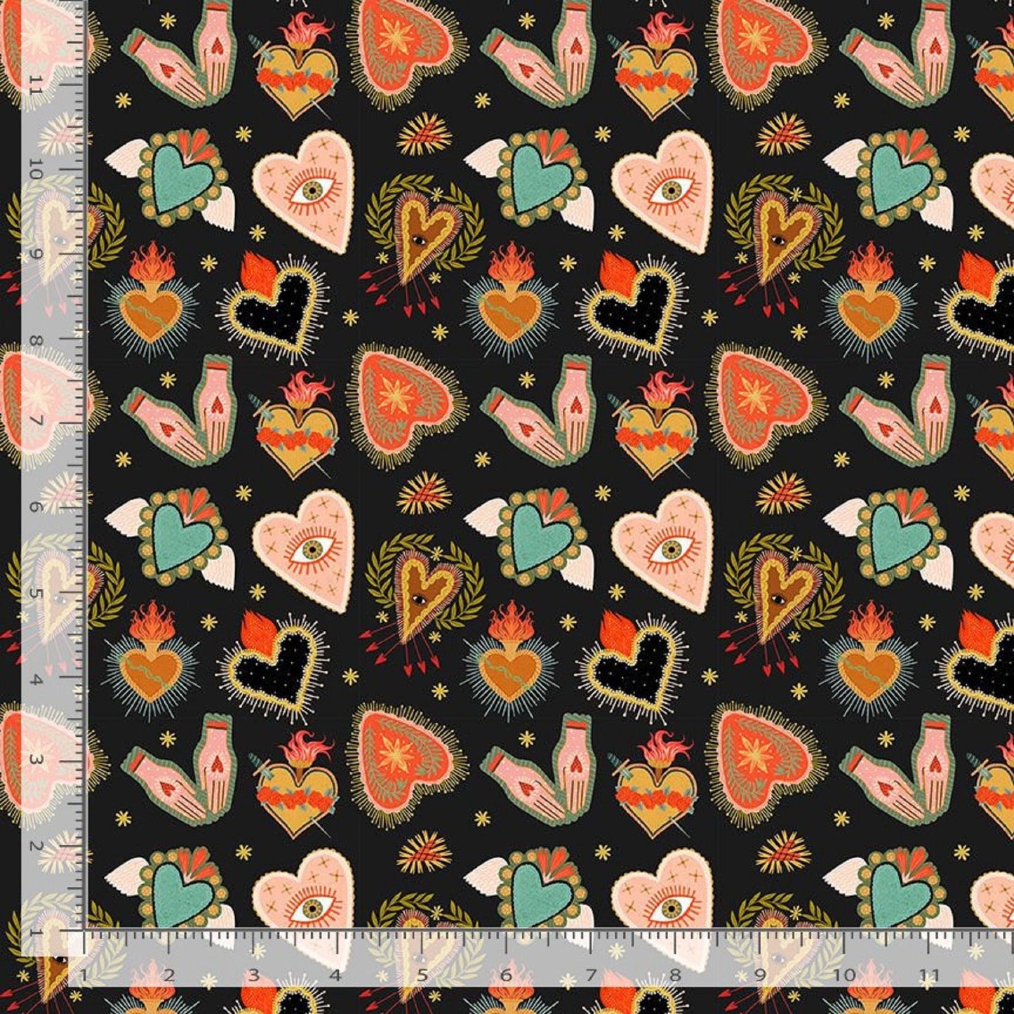 Flaming Hearts Midnight Viva La Vida Faye Guanipa Dear Stella Fabric Quilters Cotton Fabric Fetish
