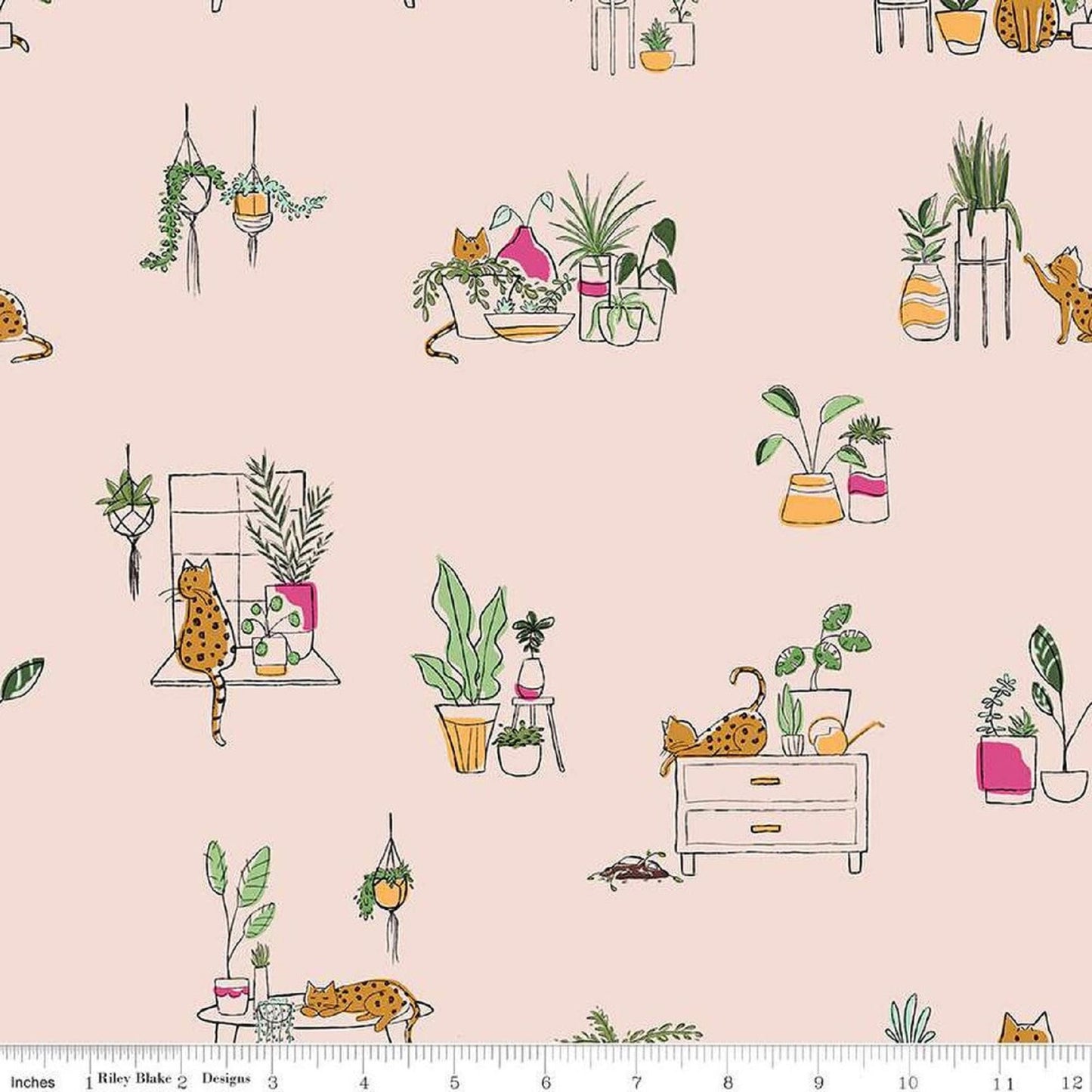 Cats Plants Blush Sparkle Gold METALLIC Leafy Keen Amanda Niederhauser Riley Blake Designs Quilting Cotton Fabric Fabric Fetish