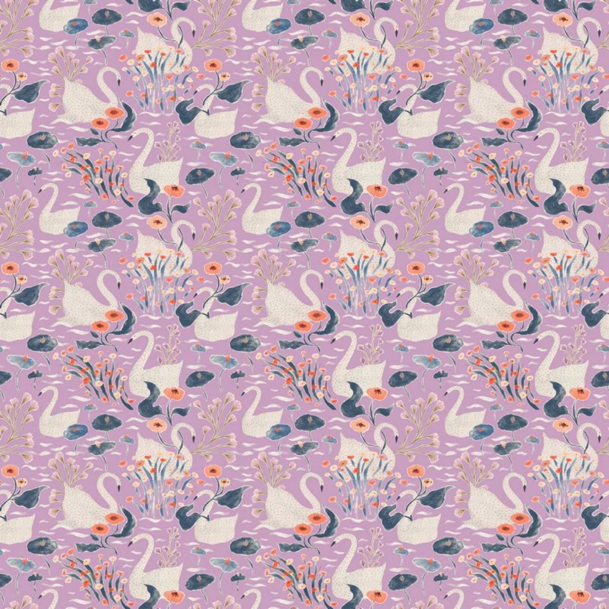 Swans Lilac Alpine Bliiss Jill Labieniec Figo Fabrics 100% Quilters Cotton Fabric Fetish