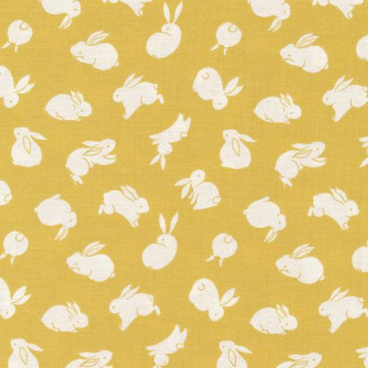 Paintbrush Studio Fabric  -  Moon Rabbit - Tossed Rabbit Yellow - Quilters Cotton