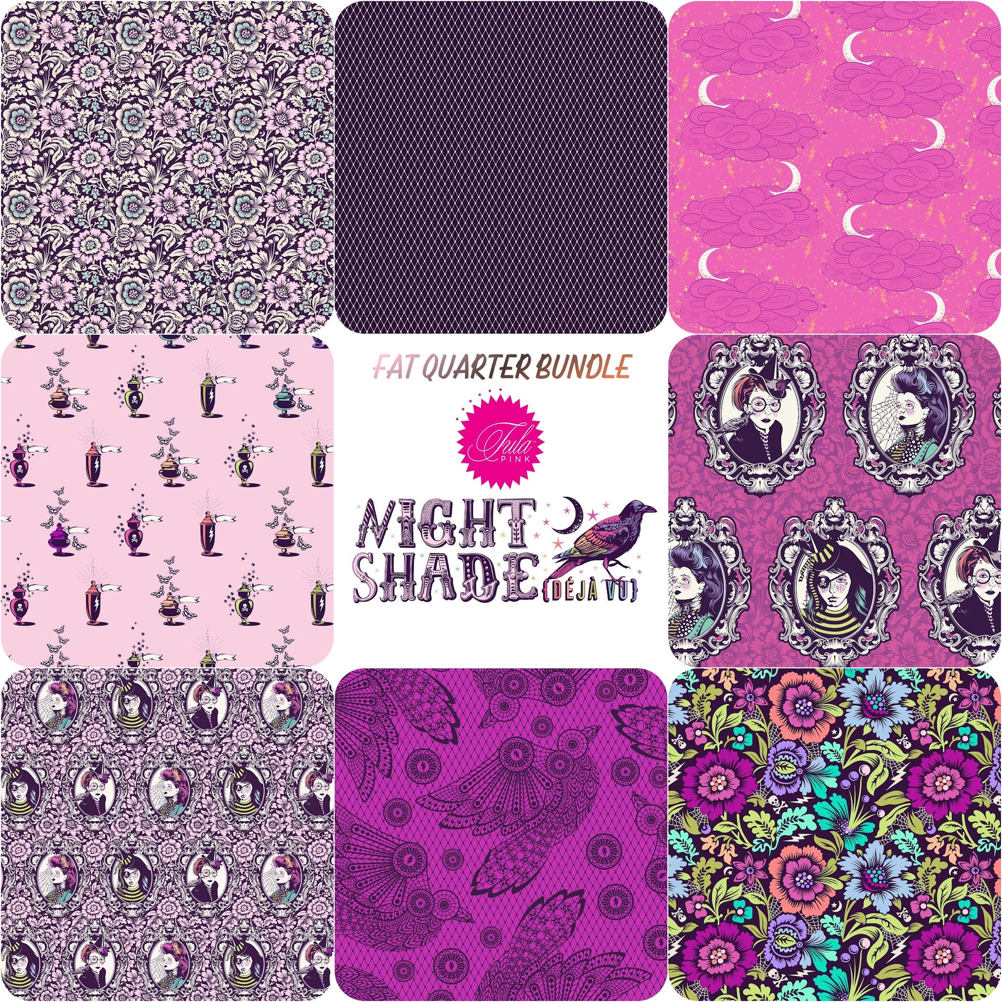 Nightshade Deja Vu 8 Pcs Bundle Tula Pink FreeSpirit Fabrics 100% Quilters Cotton Fabric Fetish