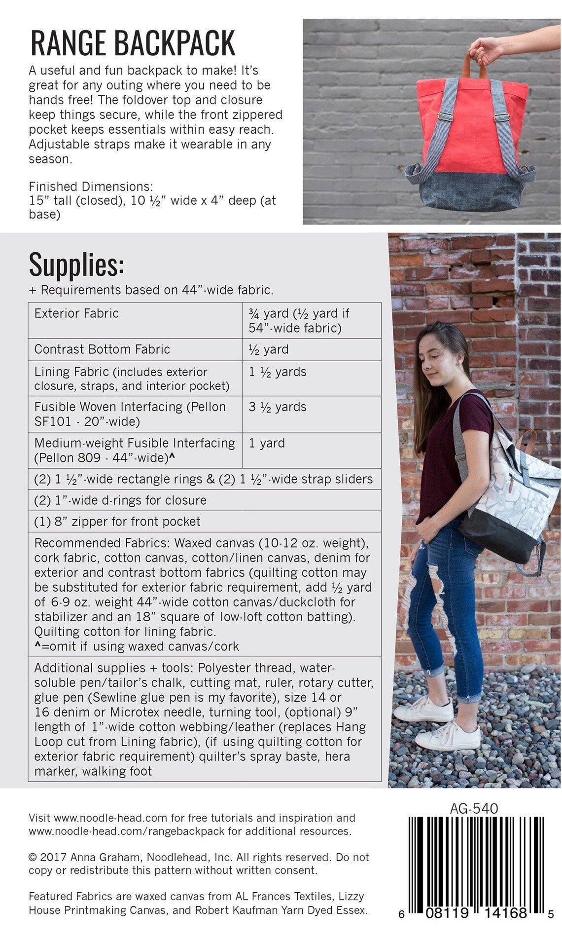 Range Backpack Sewing Pattern - Anna Graham - Noodlehead fabric fetish