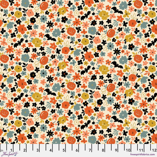 Pumpkin Patch and Bats Cream Haunted Brenda Walton Freespirit Fabrics 100% Quilters Cotton Fabric Fetish