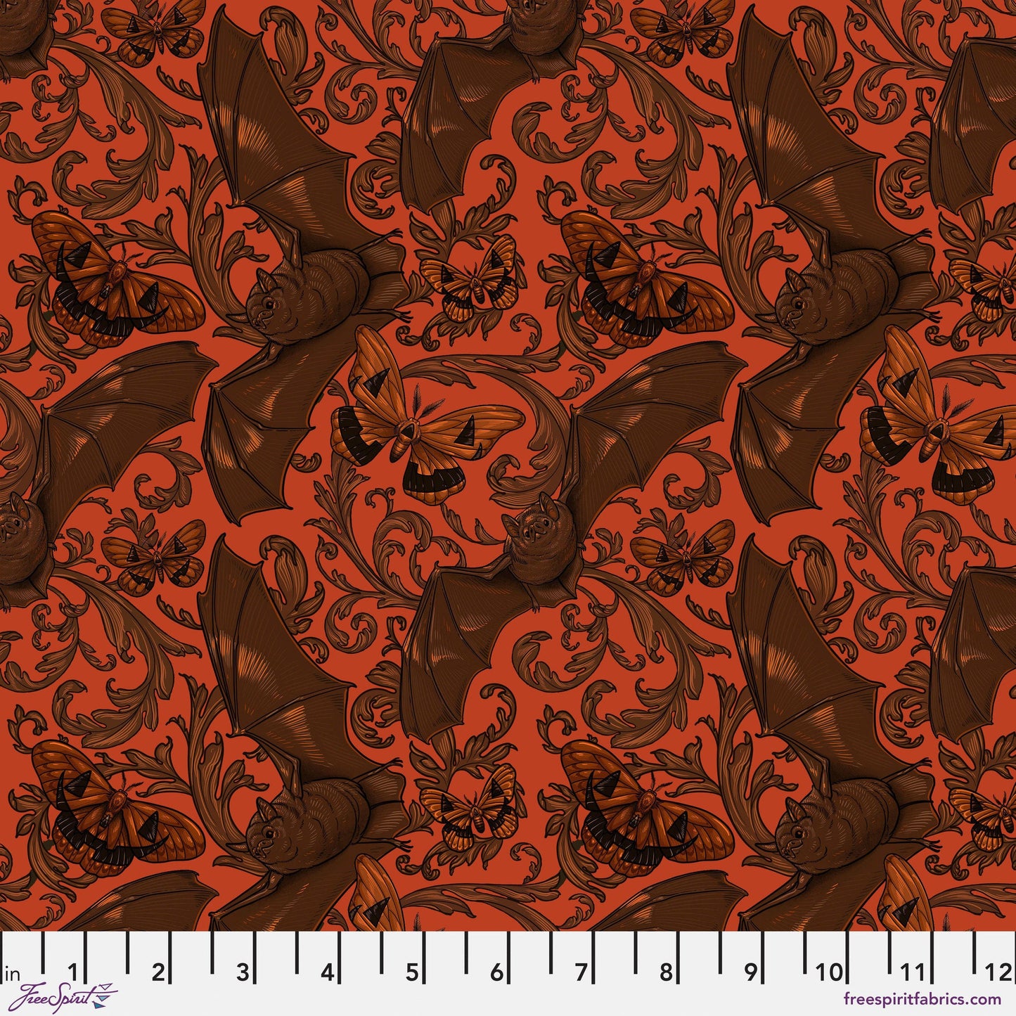 Bat & Moth Orange Mystic Moonlight Rachel Hauer Freespirit Fabrics 100% Quilters Cotton Fabric Fetish