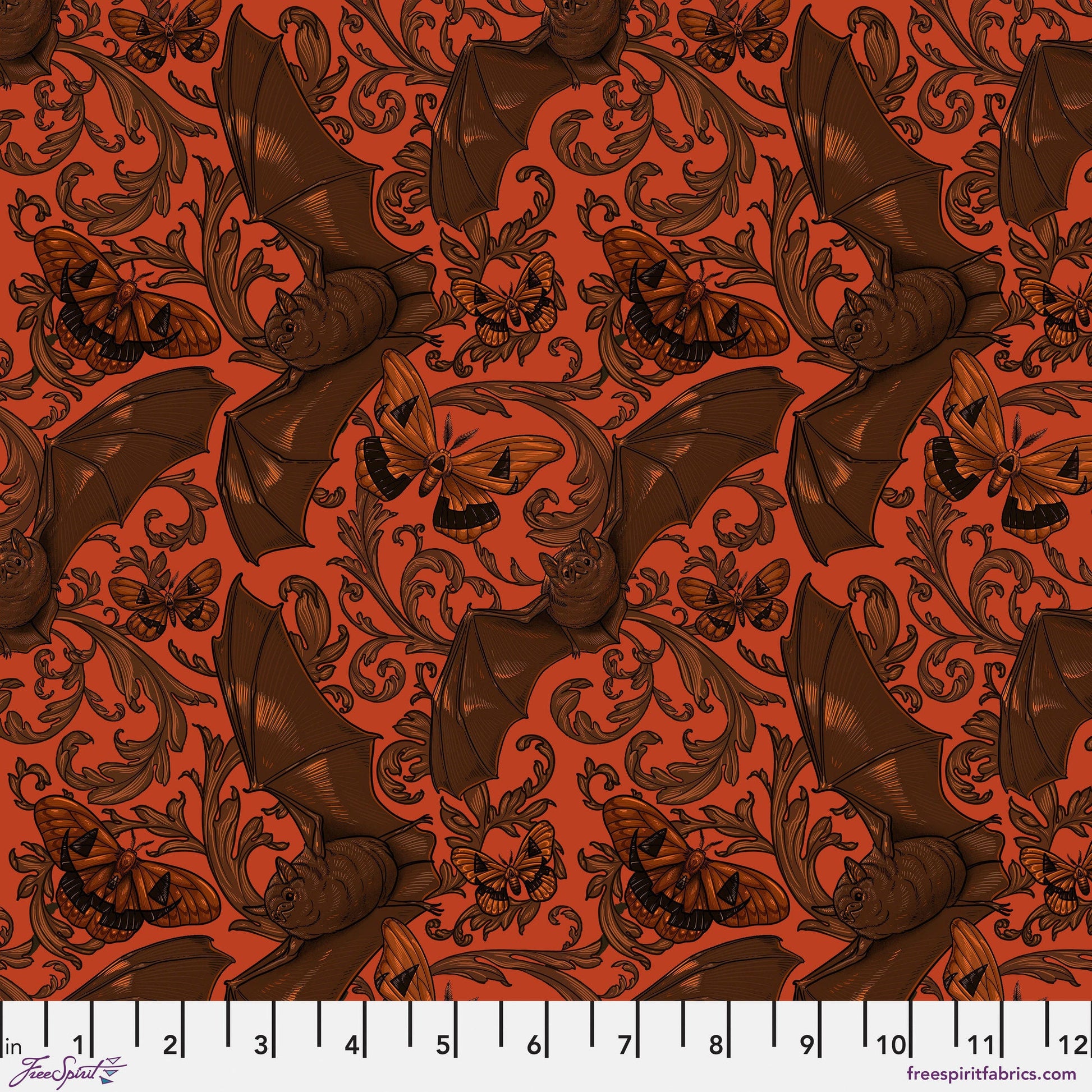 Bat & Moth Orange Mystic Moonlight Rachel Hauer Freespirit Fabrics 100% Quilters Cotton Fabric Fetish