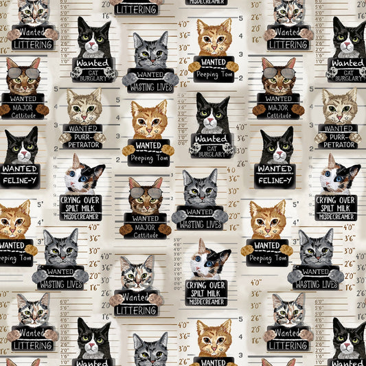 Cat Mugshots Beige Timeless Treasures Fabric 100% Quilters Cotton Fabric Fetish