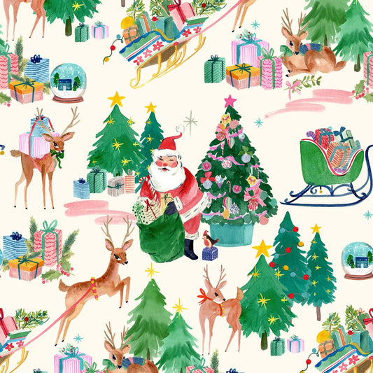 Deer Santa Winter White BlueBellGray Fa La La Lewis and Irene 100% Quilters Cotton Fabric Fetish