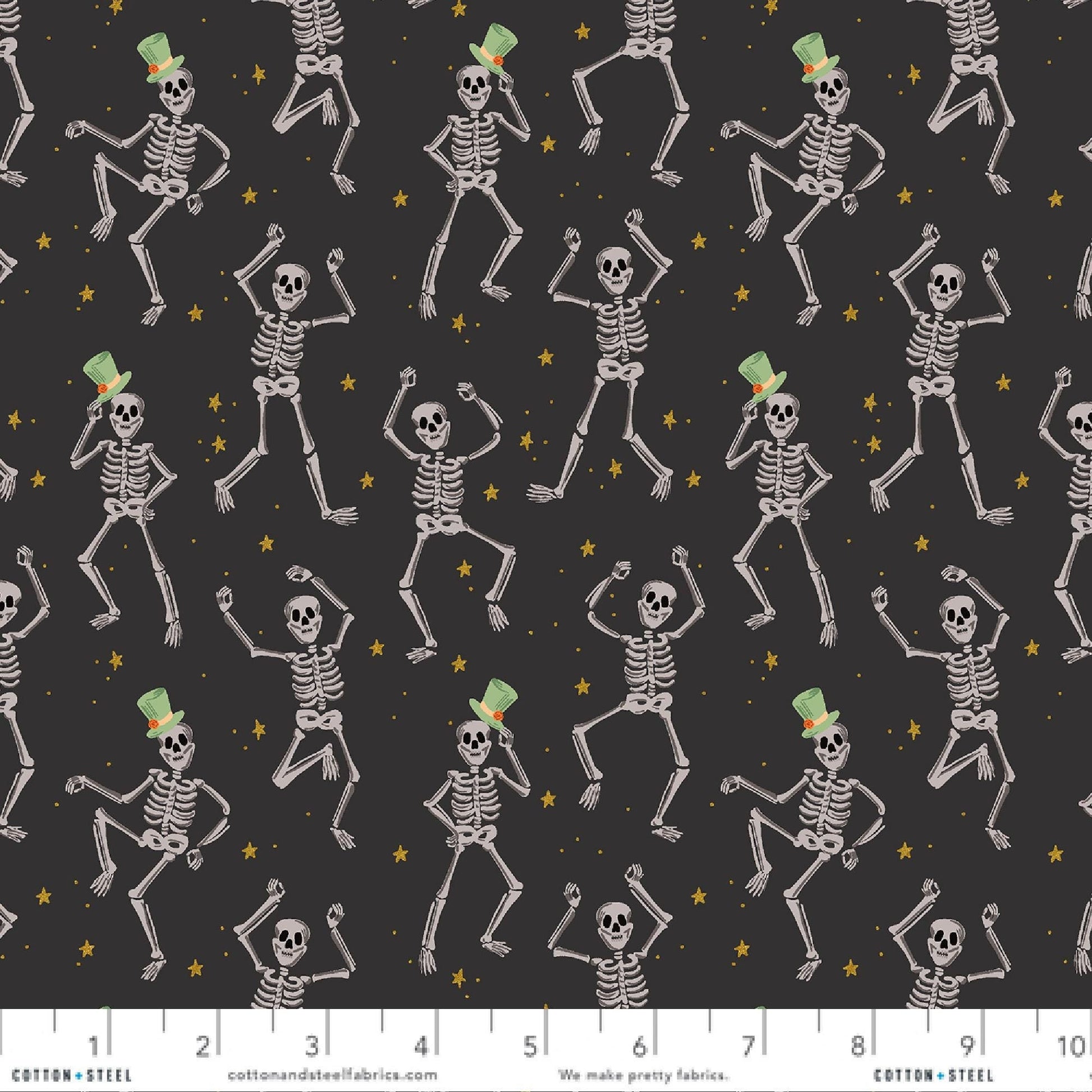 Skeletons Black Halloween GOLD METALLIC Anna Bond Rifle Paper Co Cotton + Steel Fabric Fetish