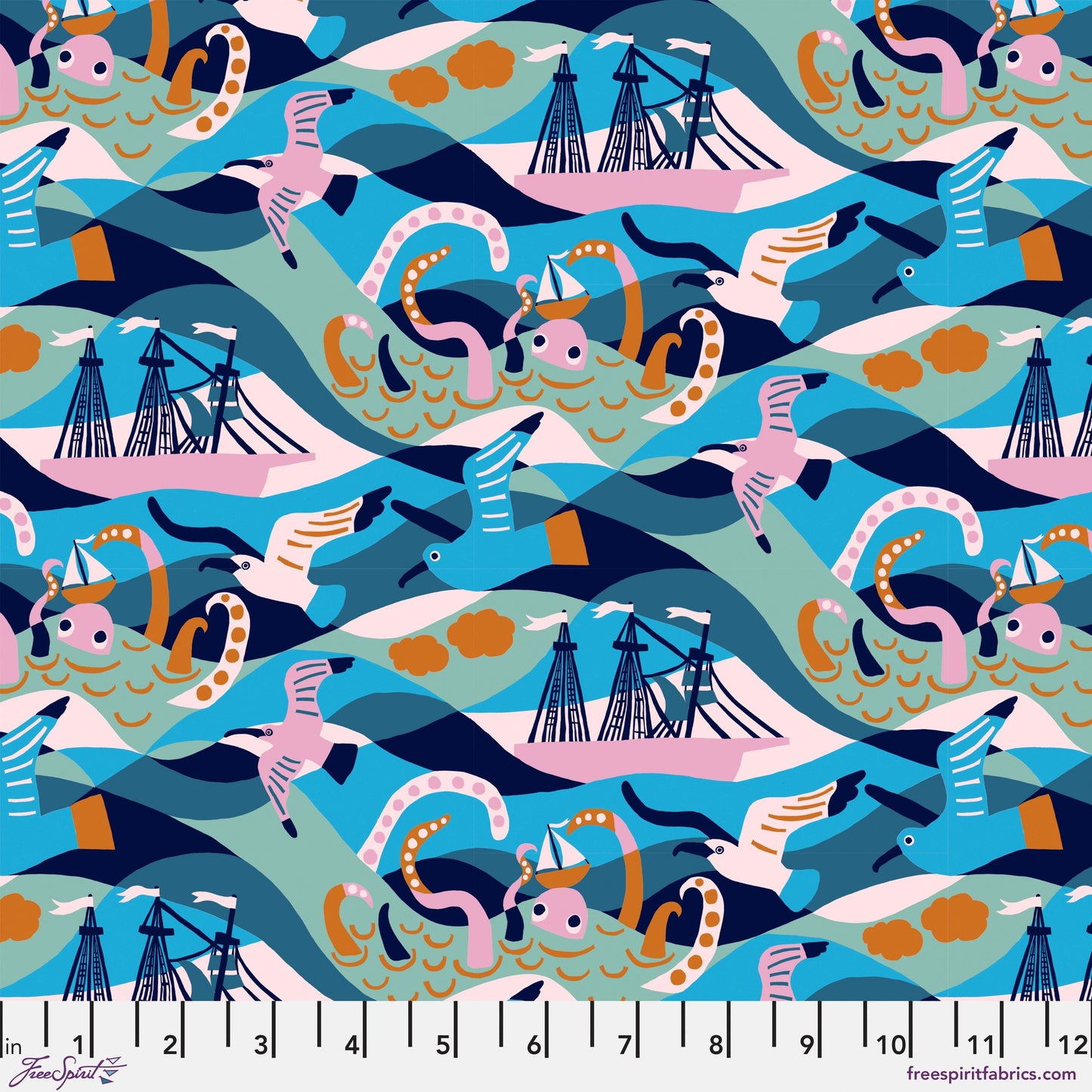 Waves Blue Rising Tide Monika Forsberg Freespirit Fabric Fabric Fetish
