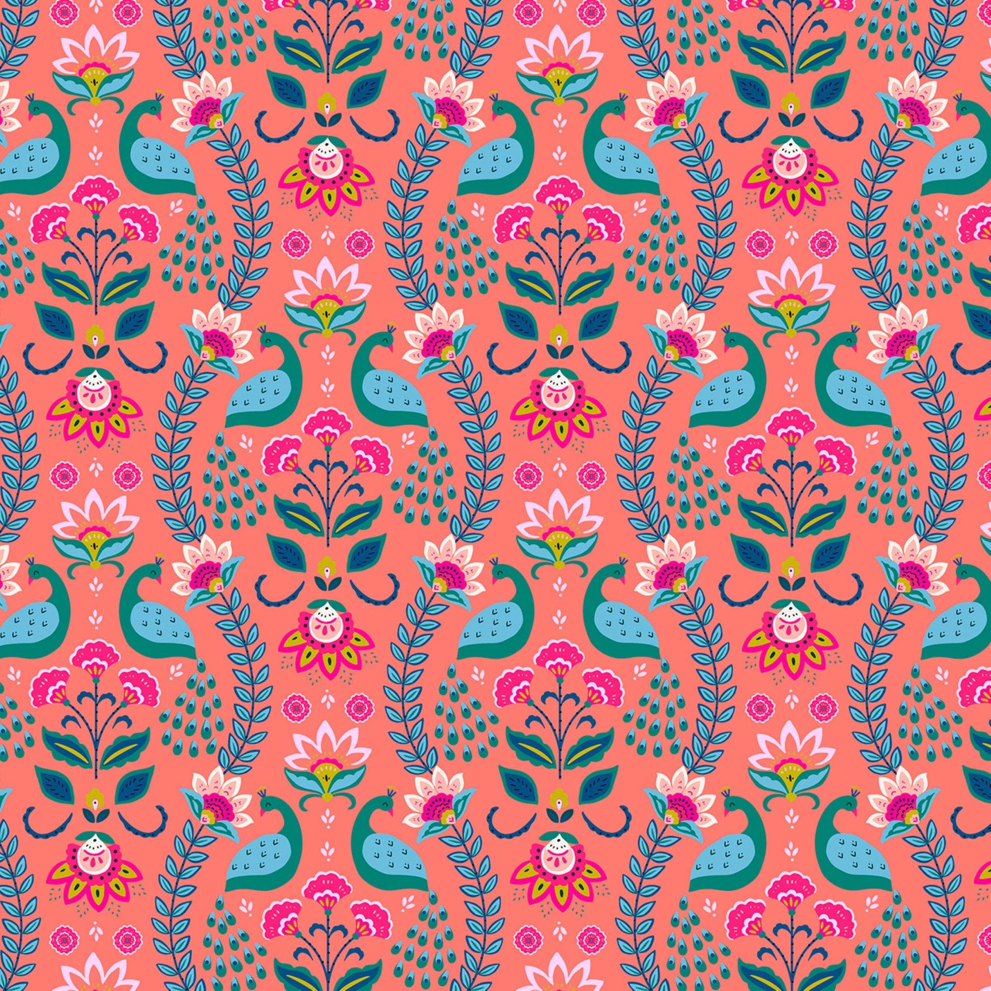 Mirrored Peacocks Coral Indian Summer Nina Ghataora Dashwood Studio Fabric Fetish