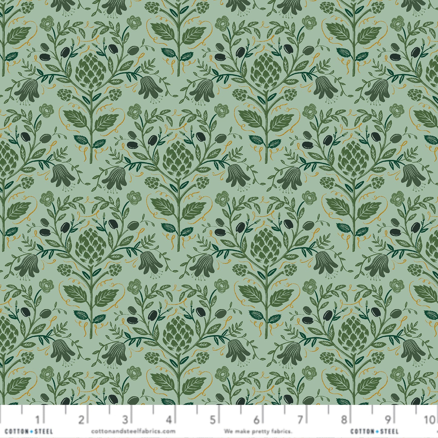 Artichoke Sage Gold METALLIC Dahlia Anna Bond Rifle Paper Co Cotton + Steel Fabric Fetish