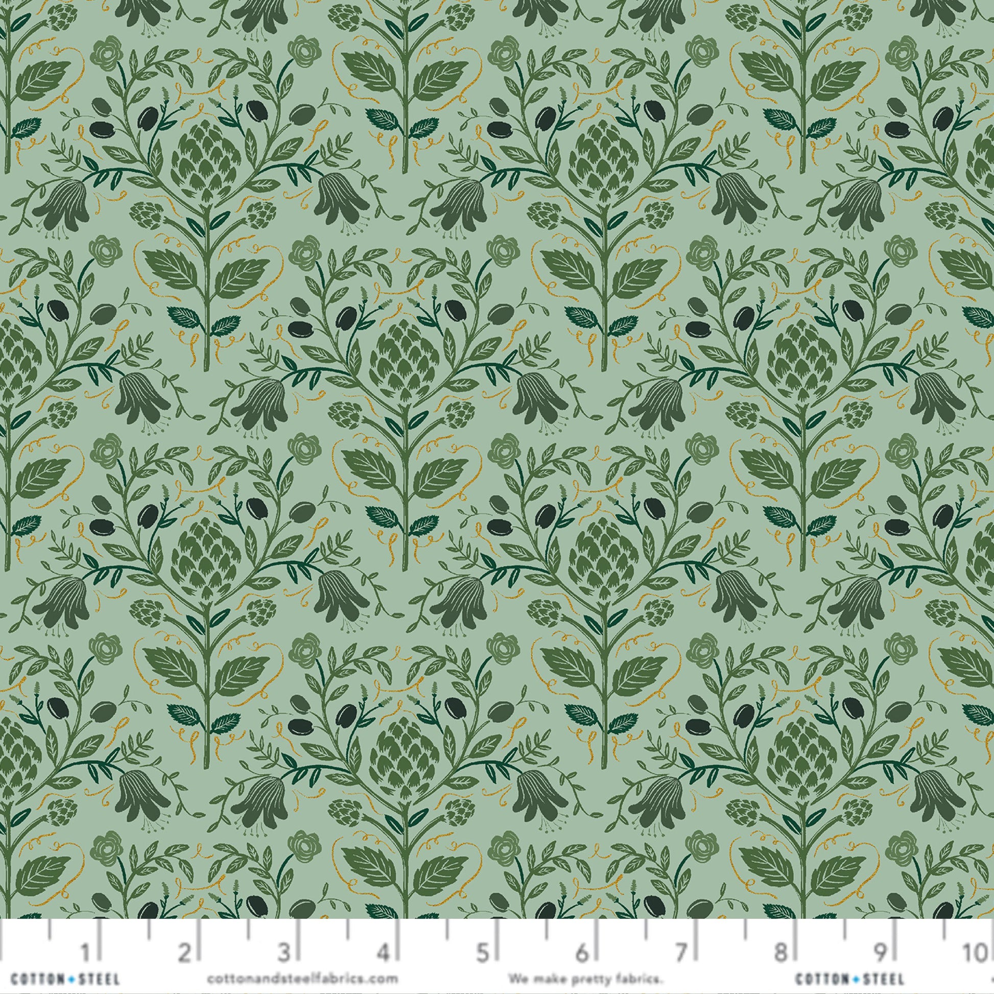 Artichoke Sage Gold METALLIC Dahlia Anna Bond Rifle Paper Co Cotton + Steel Fabric Fetish