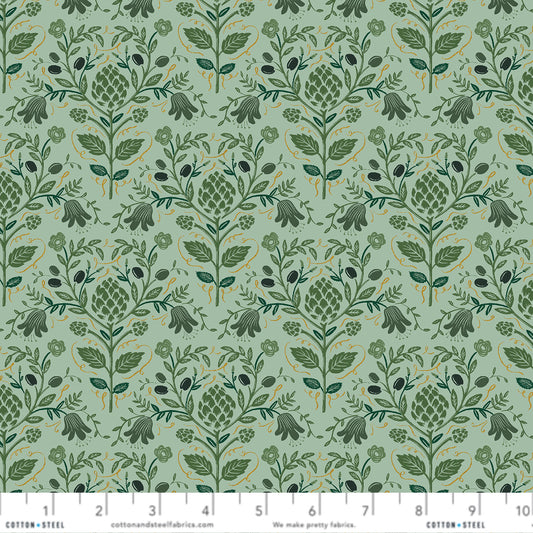 Artichoke Sage Gold METALLIC Dahlia Anna Bond Rifle Paper Co Cotton + Steel Fabric Fetish