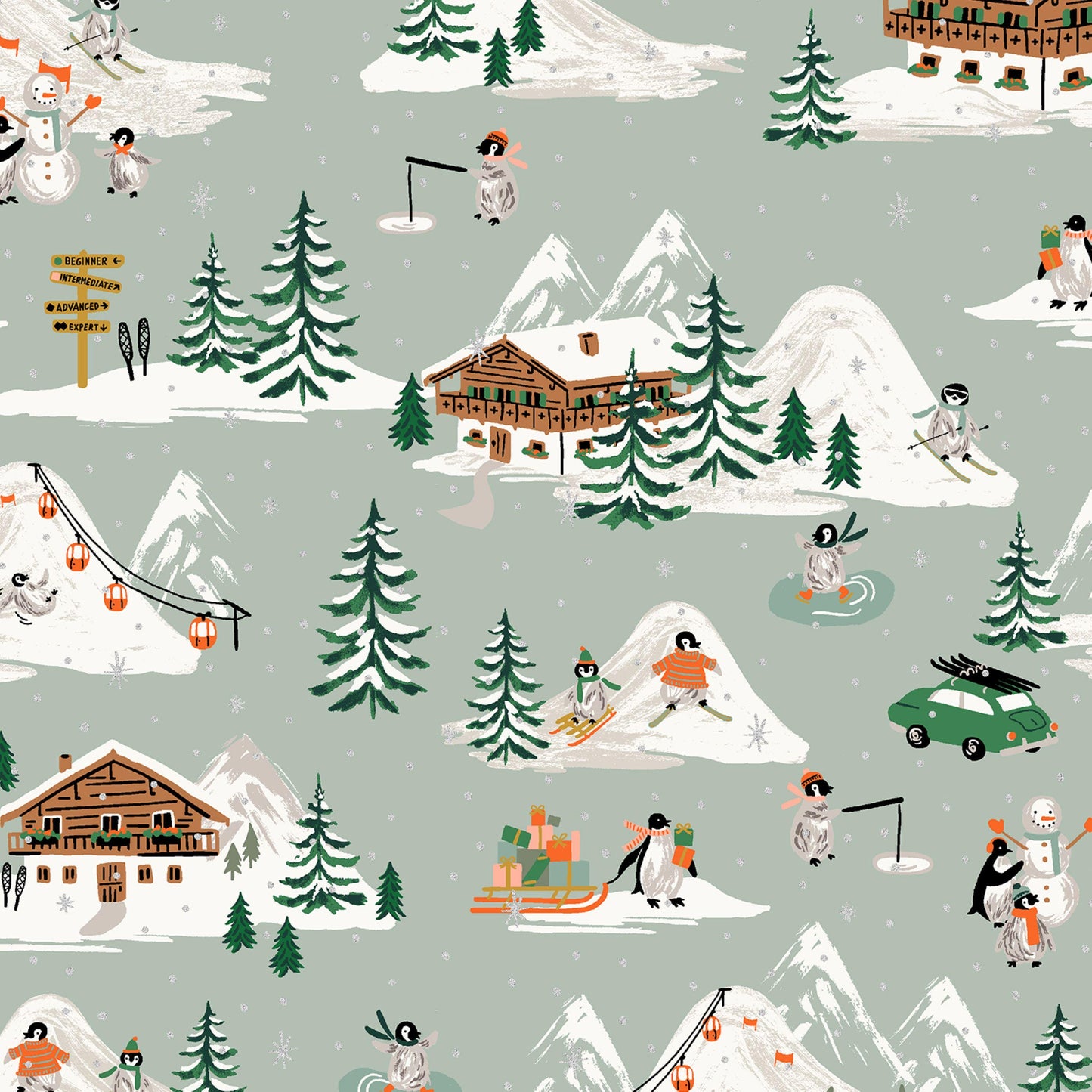 Penguin Village Mint Gold METALLIC Holiday Classics IV Anna Bond Rifle Paper Co Basics Cotton + Steel Fabric Fetish