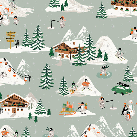 Penguin Village Mint Gold METALLIC Holiday Classics IV Anna Bond Rifle Paper Co Basics Cotton + Steel Fabric Fetish