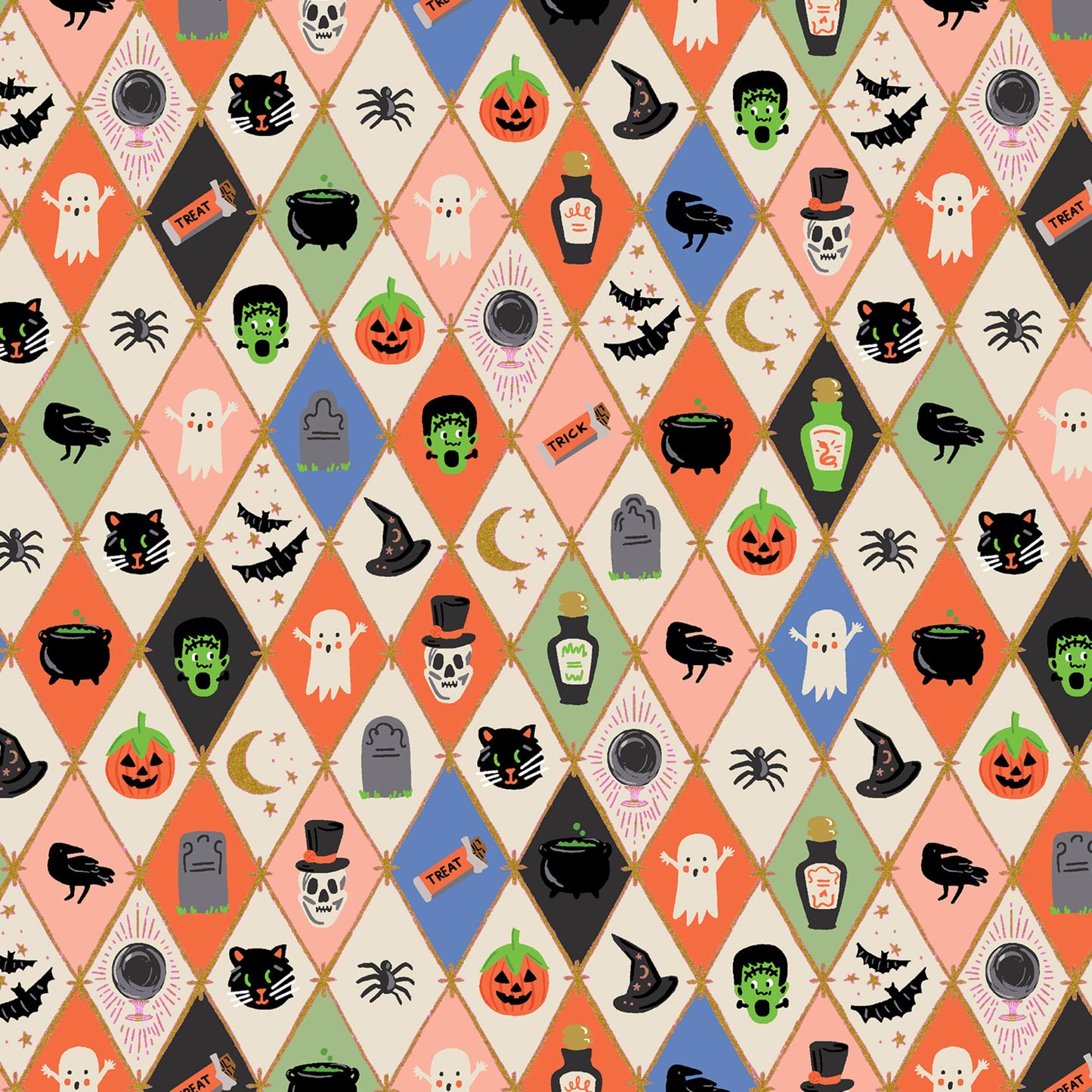 Halloween Argyle Multi Halloween II GOLD METALLIC Anna Bond Rifle Paper Co Cotton + Steel Fabric Fetish