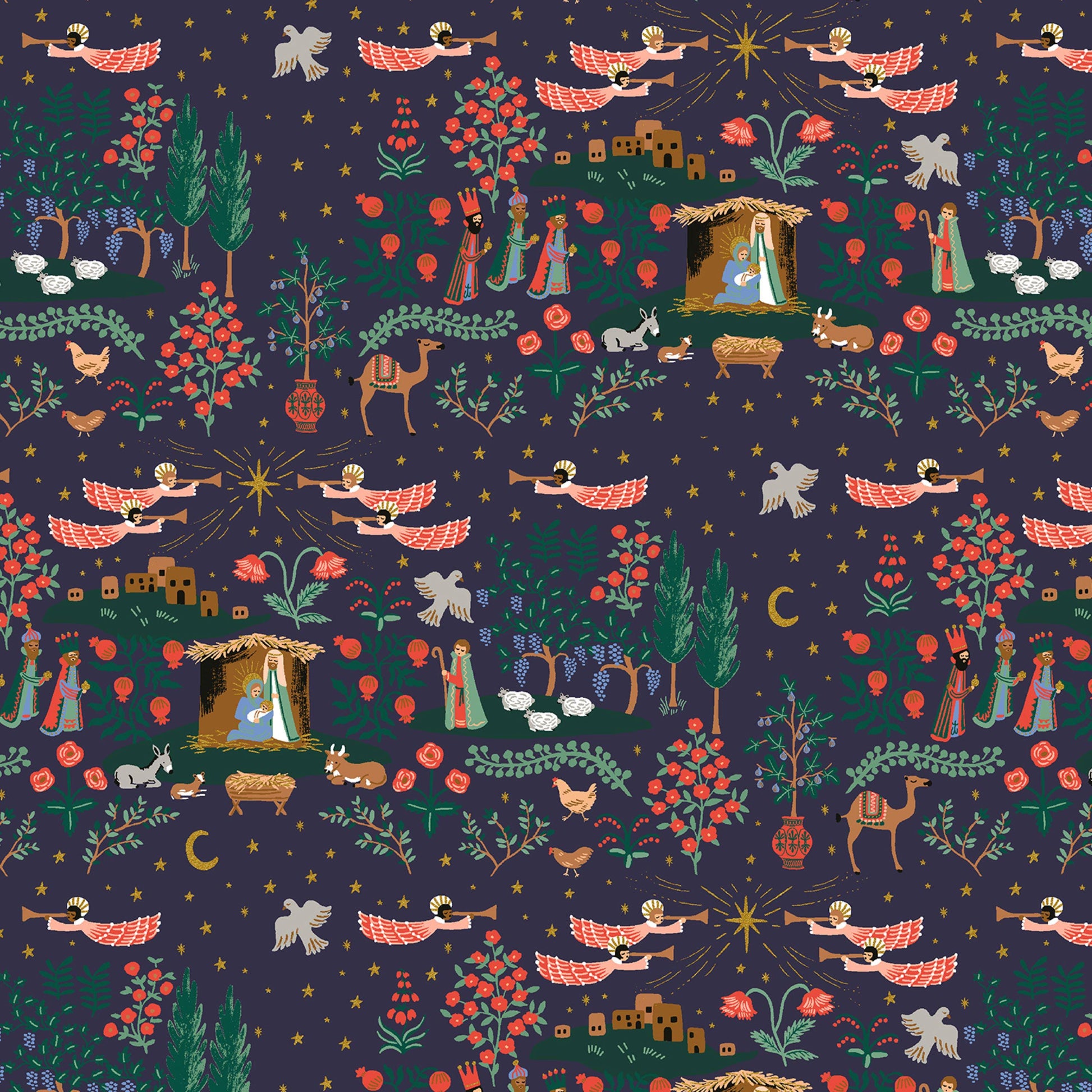 Nativity Navy Gold METALLIC Holiday Classics IV Anna Bond Rifle Paper Co Basics Cotton + Steel Fabric Fetish