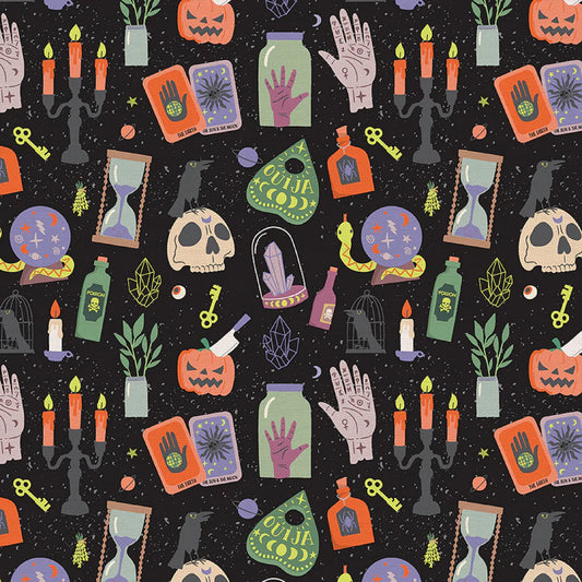 Paintbrush Studio Fabric  -  Carol Alfreds - Mystical Halloween - Main Black - Quilters Cotton Fabric Fetish