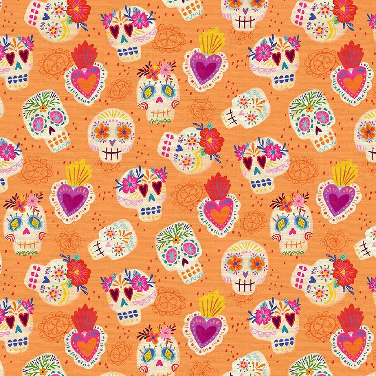 Skulls Orange Dia De Muertos Day of the Dead Deborah Curiel Paintbrush Studio Fabric 100% Quilters Cotton Fabric Fetish