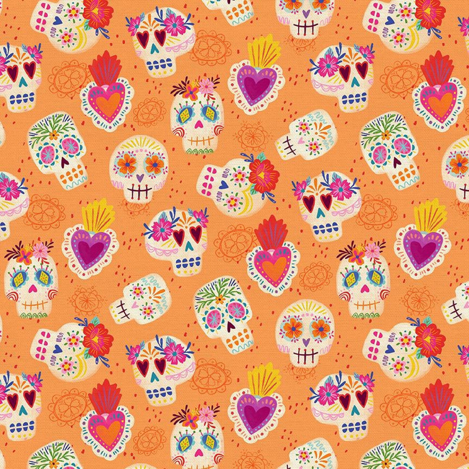 Skulls Orange Dia De Muertos Day of the Dead Deborah Curiel Paintbrush Studio Fabric 100% Quilters Cotton Fabric Fetish