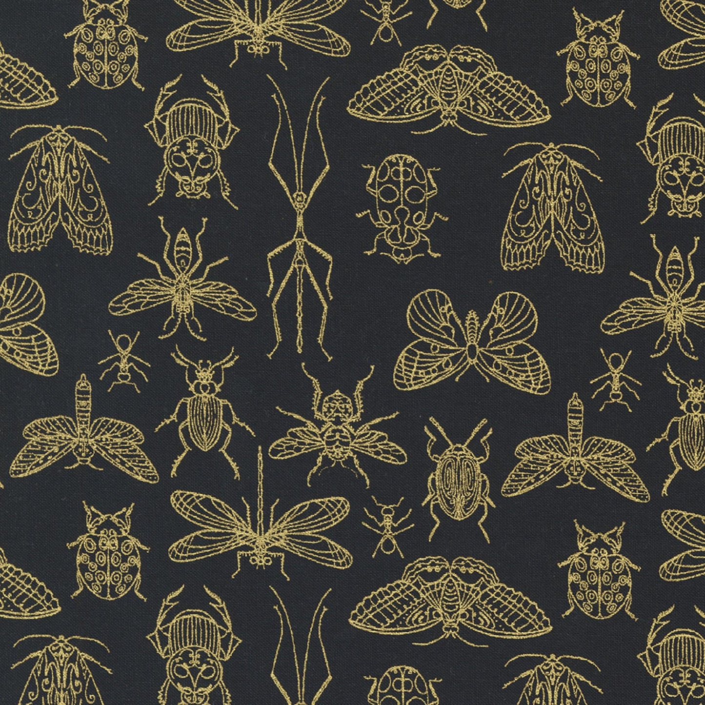 Midnight Insects Night Gold METALLIC Meadowmere Gingiber Moda 100% Quilters Cotton Fabric Fetish